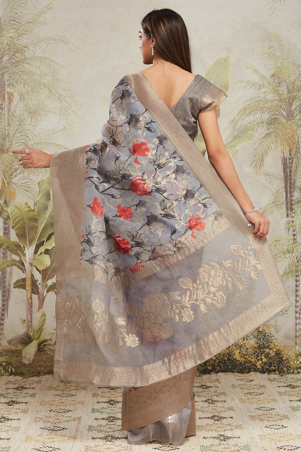 Digital Printed Woven Design Grey Banarasi Silk Ready to Wear Saree with Zari Border