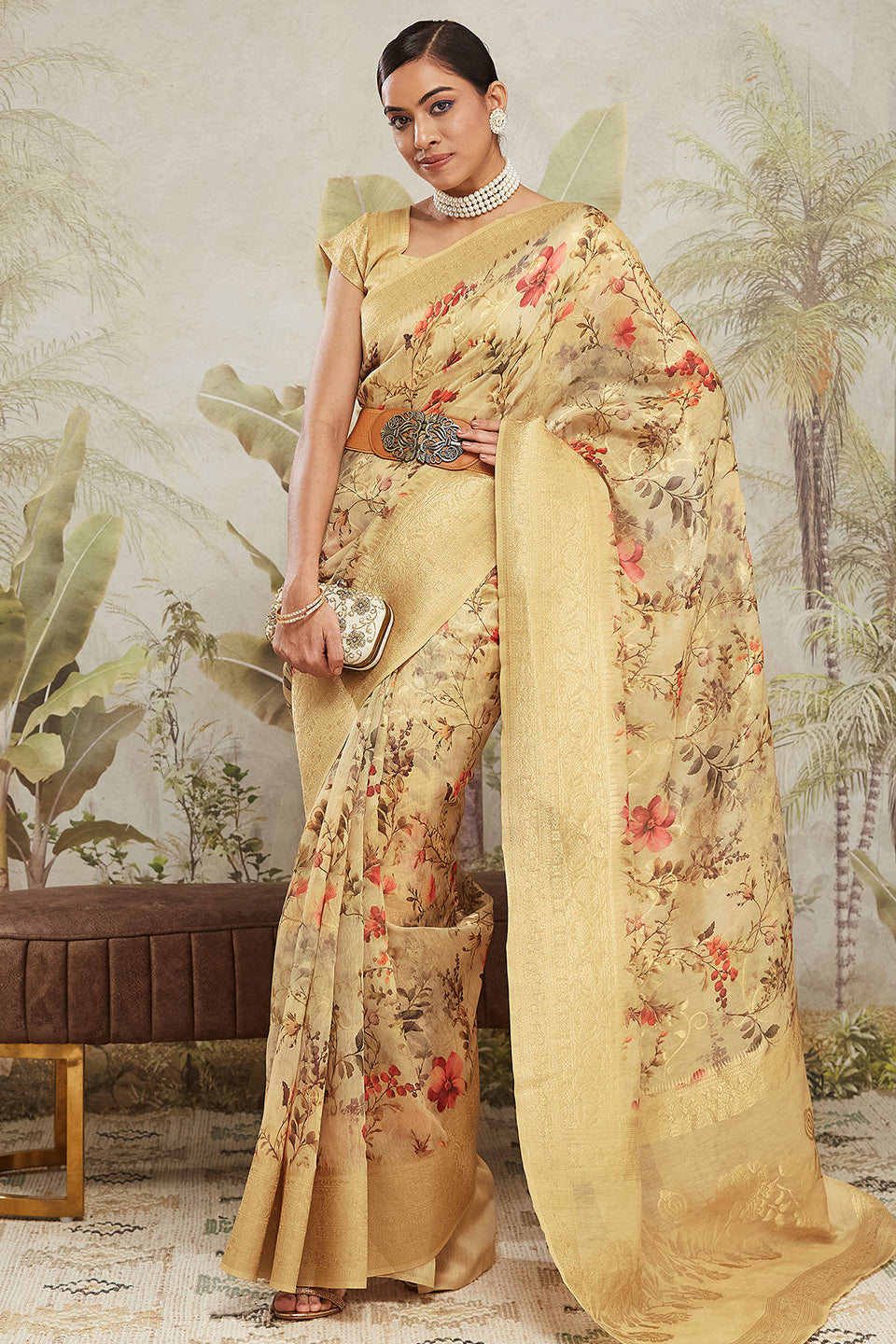 Digital Printed Woven Design Yellow Banarasi Silk Saree with Zari Border