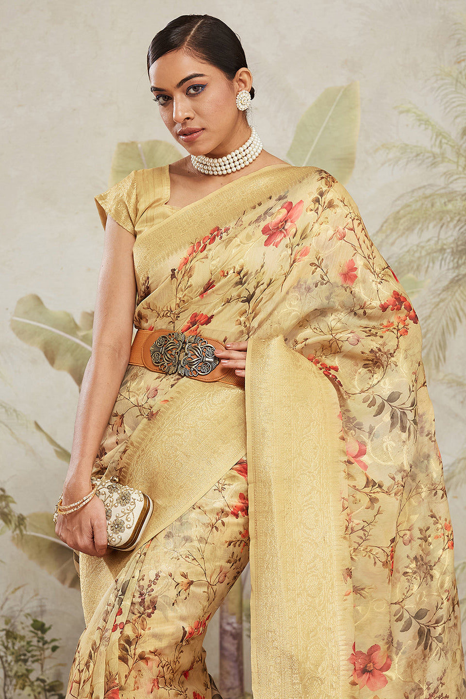 Digital Printed Woven Design Yellow Banarasi Silk Saree with Zari Border