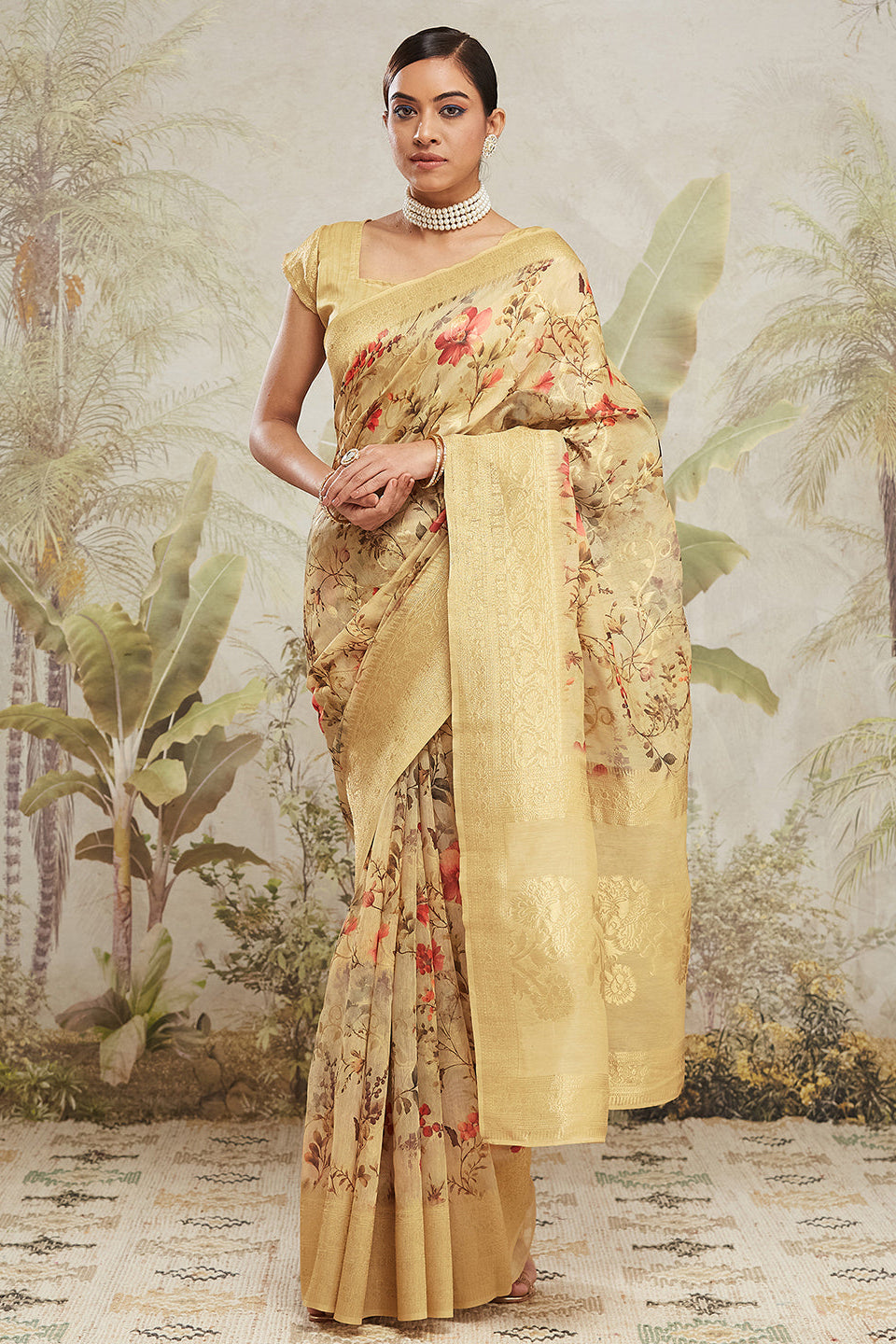 Digital Printed Woven Design Yellow Banarasi Silk Saree with Zari Border