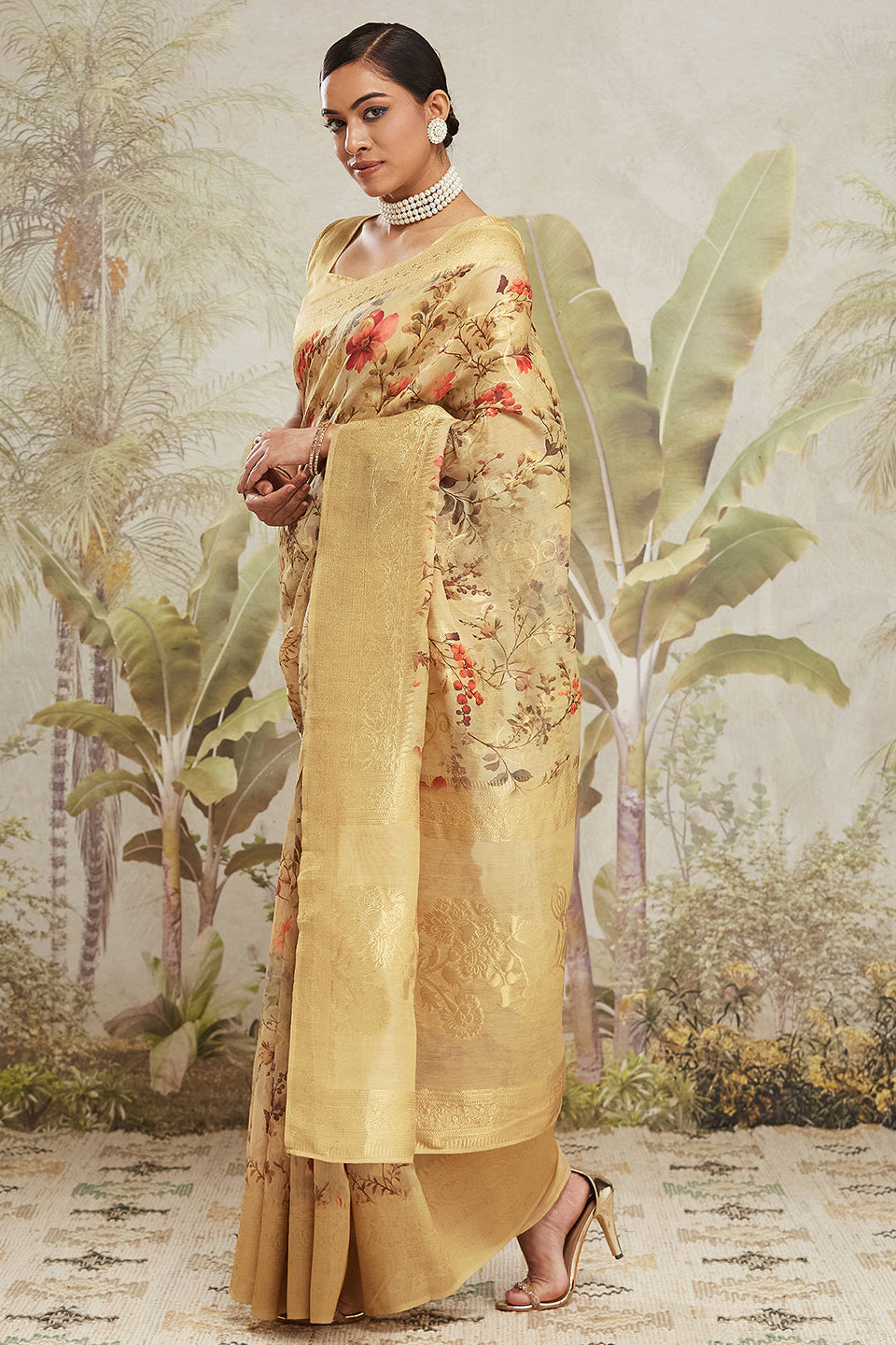 Digital Printed Woven Design Yellow Banarasi Silk Saree with Zari Border