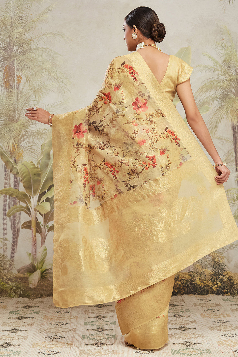 Digital Printed Woven Design Yellow Banarasi Silk Saree with Zari Border
