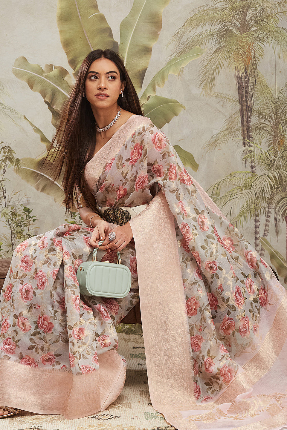 Digital Printed Woven Design Pink Banarasi Silk Saree with Zari Border