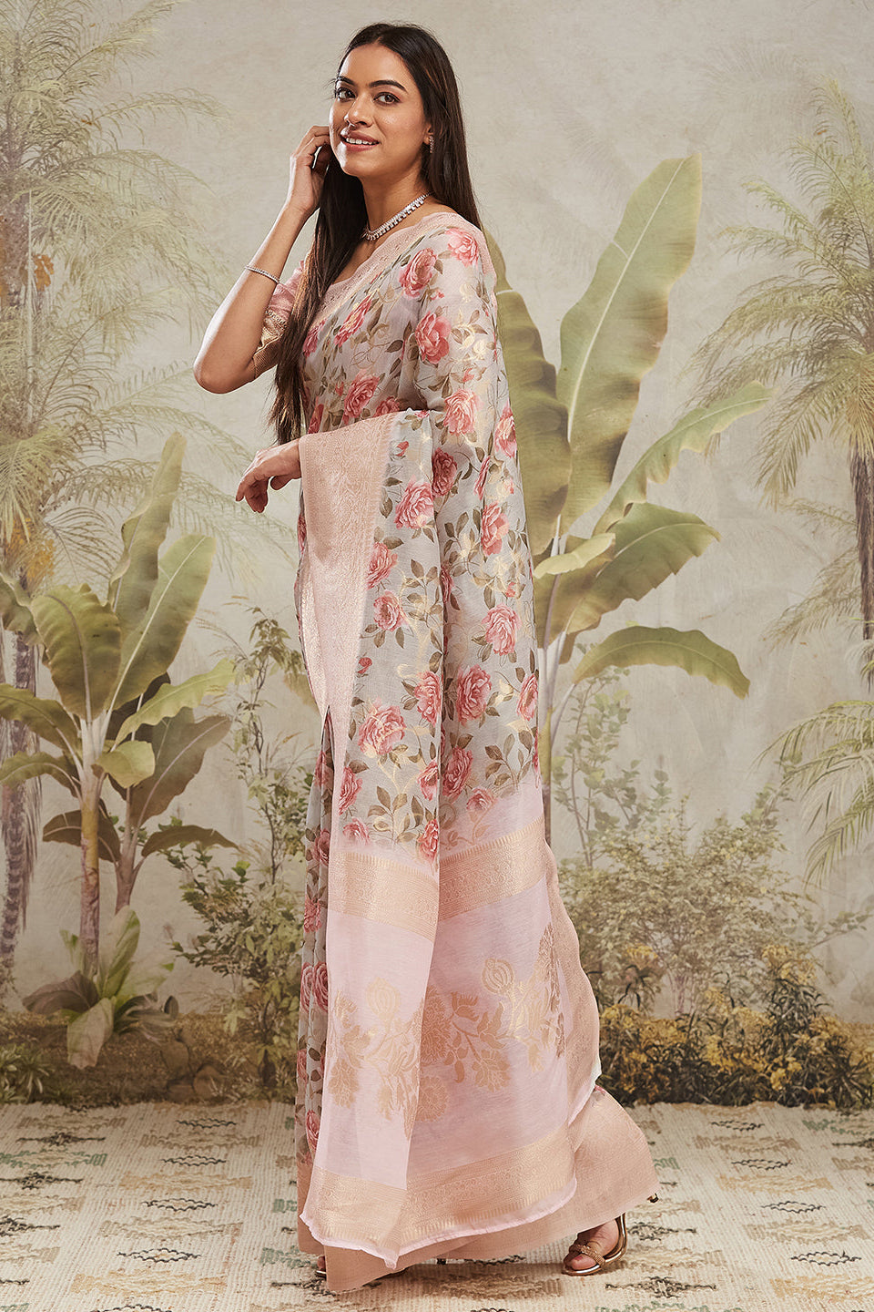 Digital Printed Woven Design Pink Banarasi Silk Saree with Zari Border