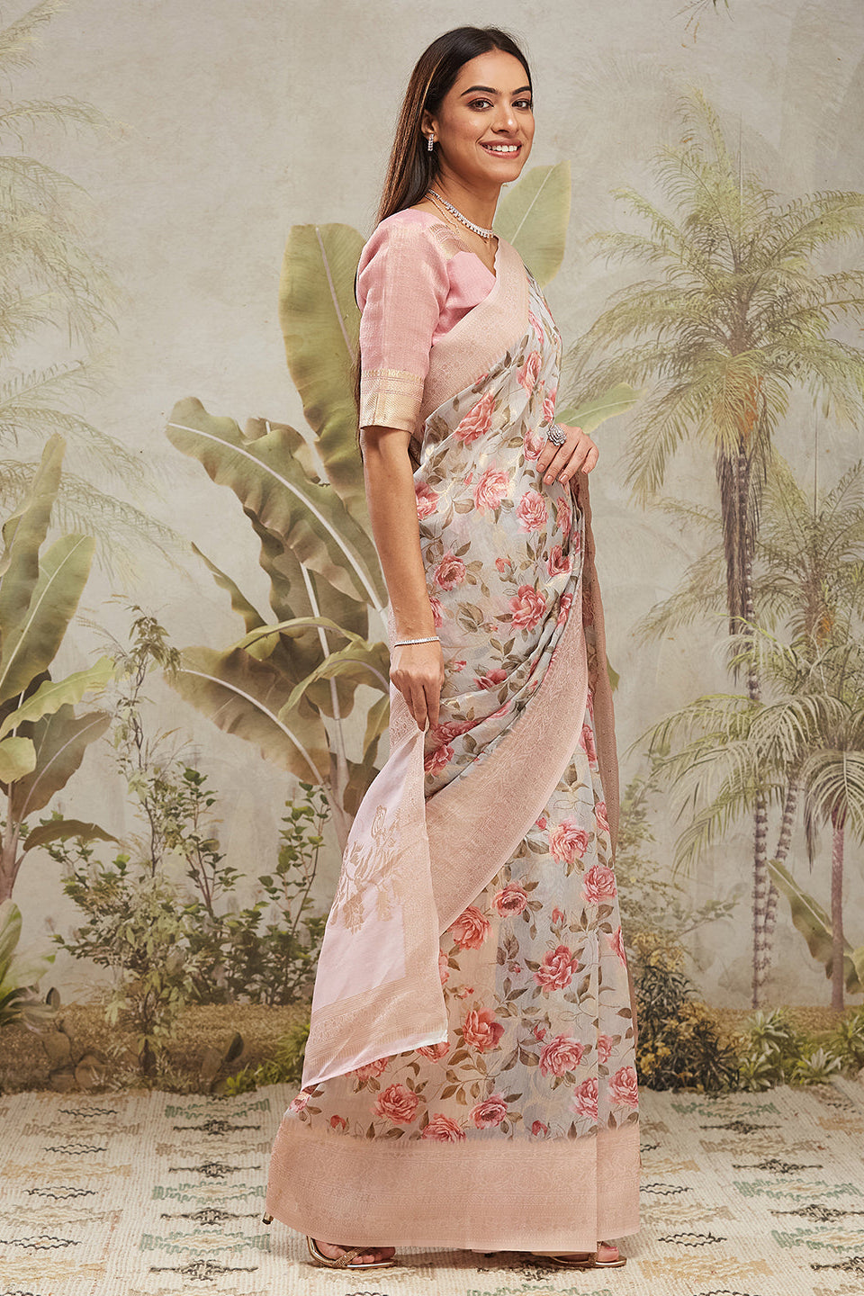 Digital Printed Woven Design Pink Banarasi Silk Saree with Zari Border