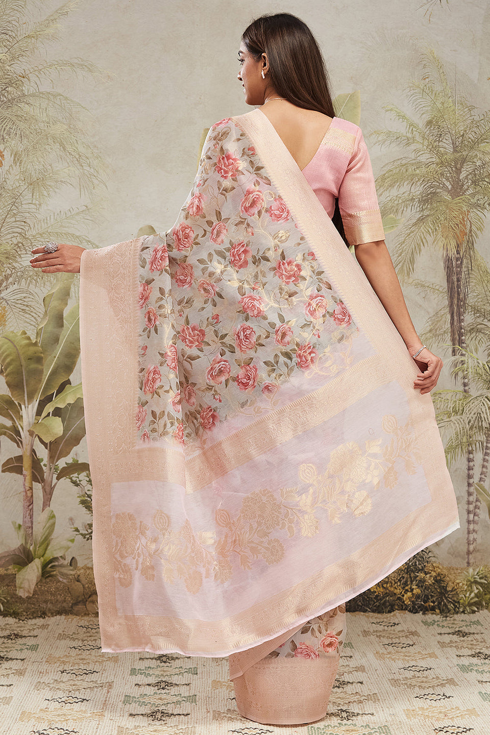 Digital Printed Woven Design Pink Banarasi Silk Saree with Zari Border