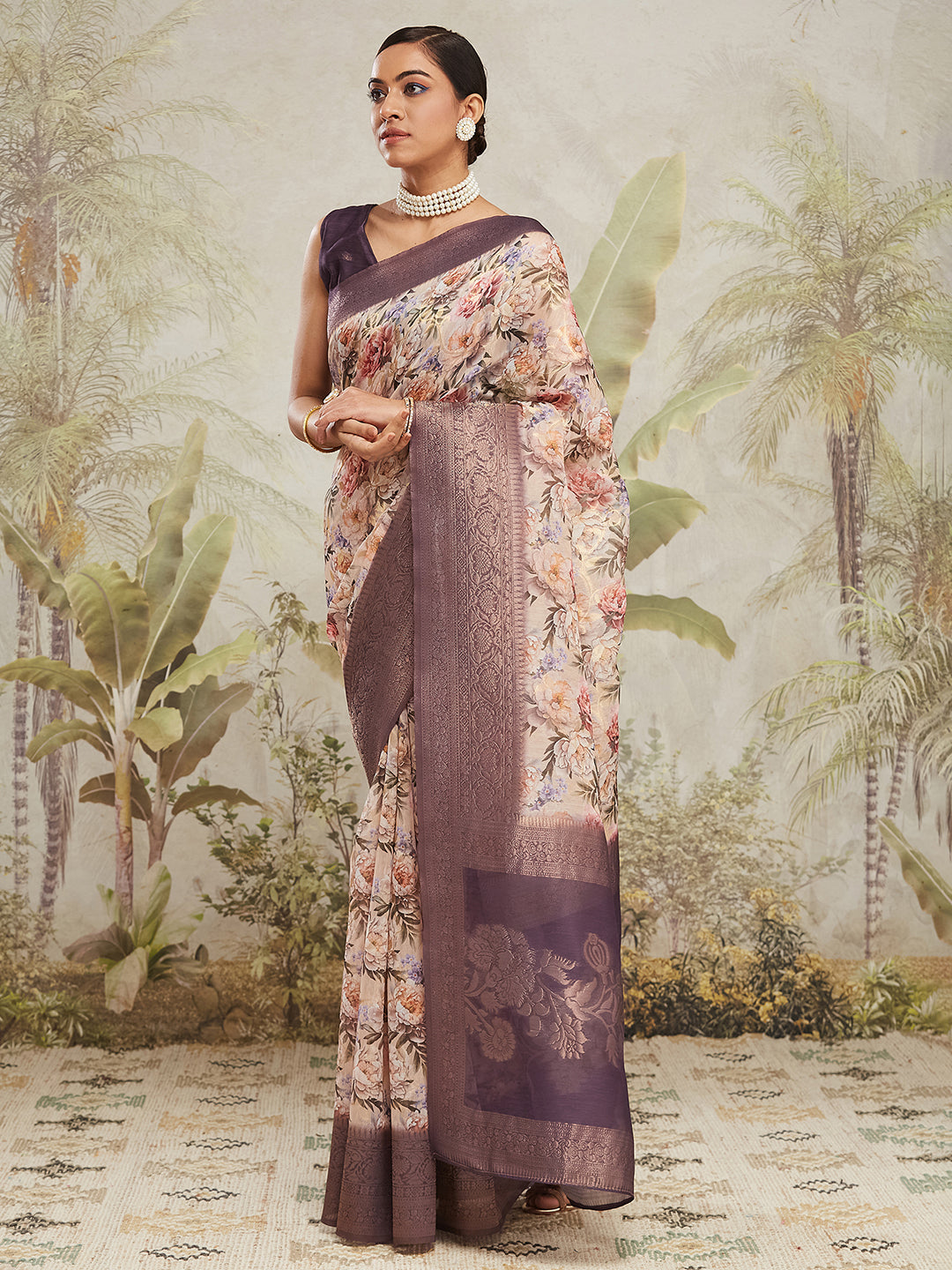 Digital Printed Woven Design Cream Banarasi Silk Saree with Zari Border