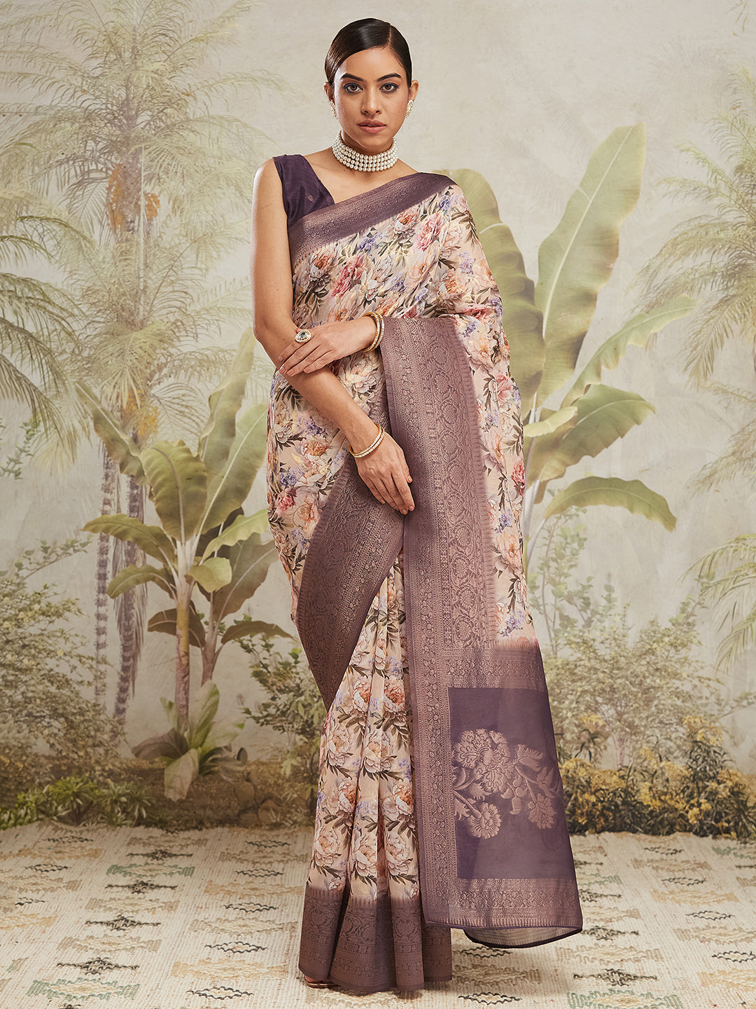 Digital Printed Woven Design Cream Banarasi Silk Saree with Zari Border