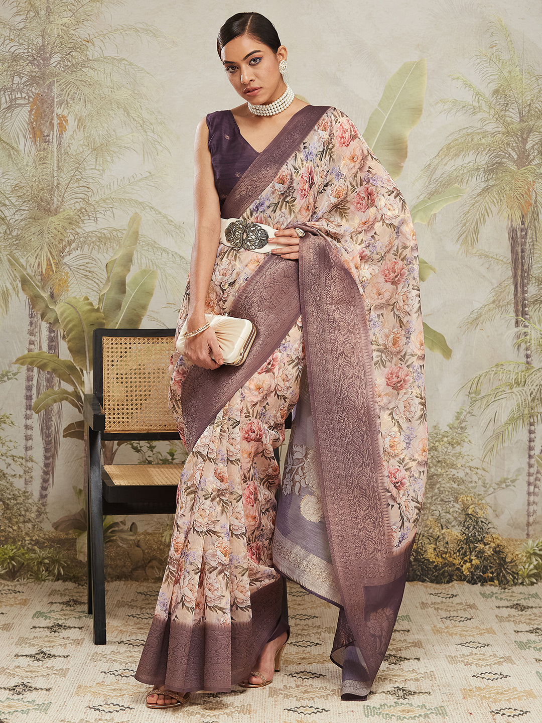 Digital Printed Woven Design Cream Banarasi Silk Saree with Zari Border