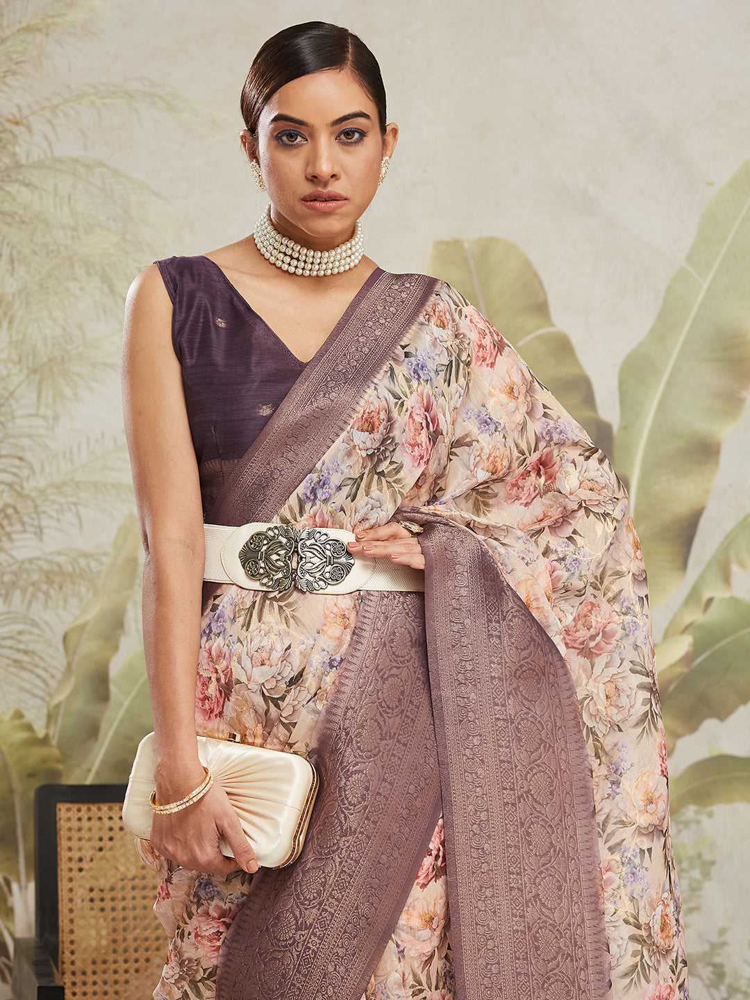 Digital Printed Woven Design Cream Banarasi Silk Saree with Zari Border