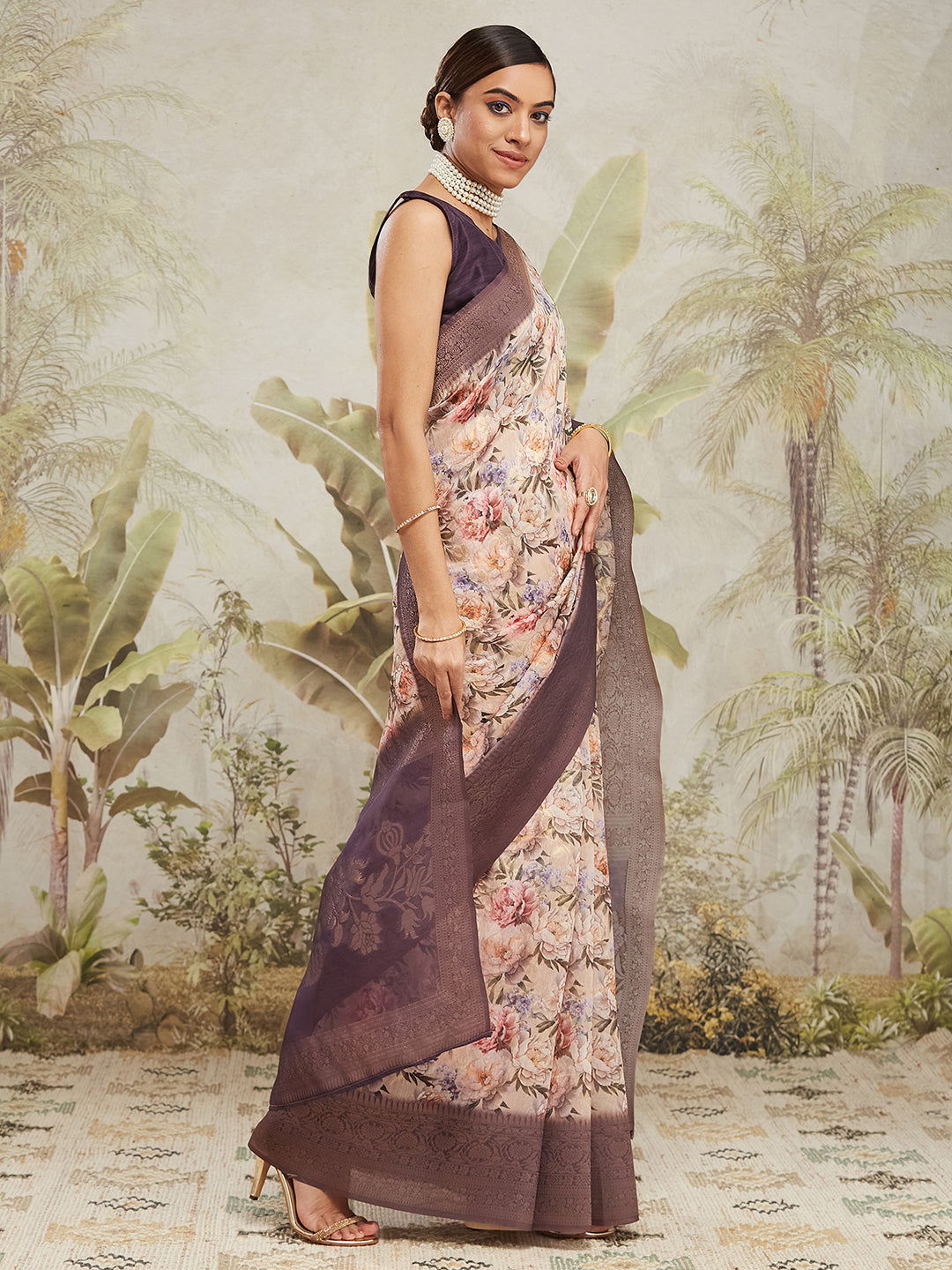 Digital Printed Woven Design Cream Banarasi Silk Saree with Zari Border