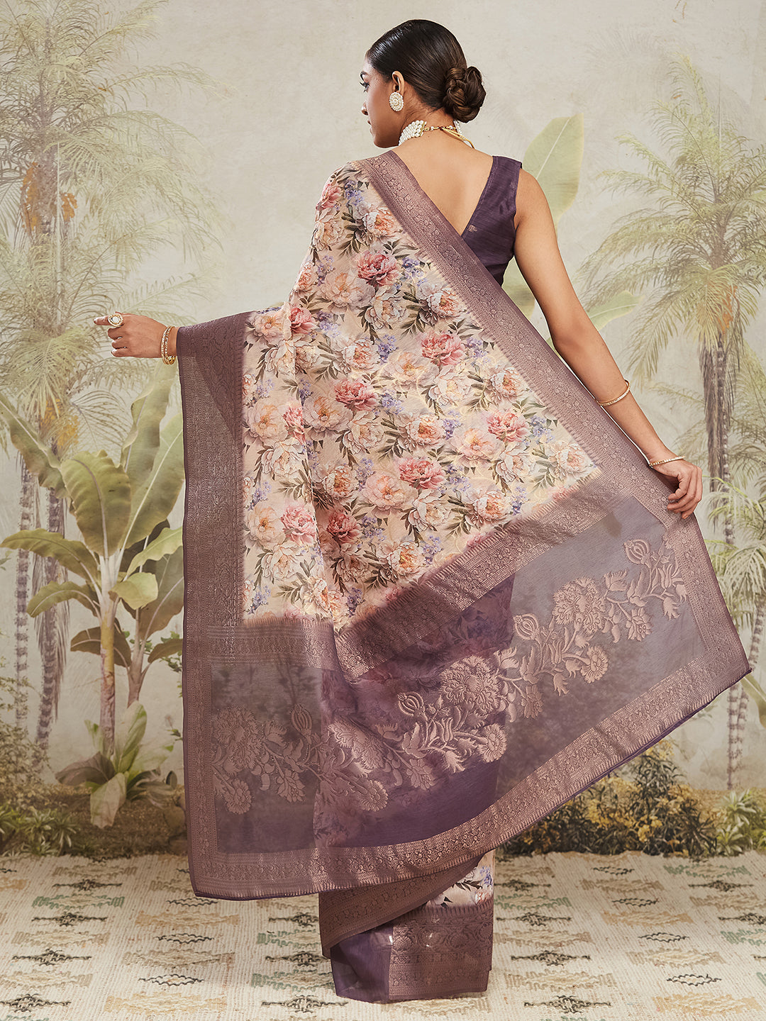 Digital Printed Woven Design Cream Banarasi Silk Saree with Zari Border