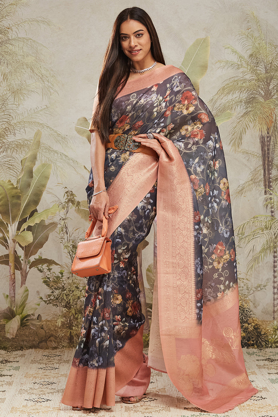 Digital Printed Woven Design Navy Banarasi Silk Saree with Zari Border