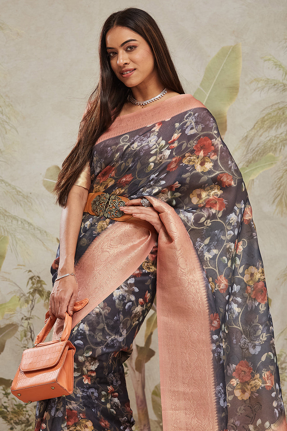 Digital Printed Woven Design Navy Banarasi Silk Saree with Zari Border