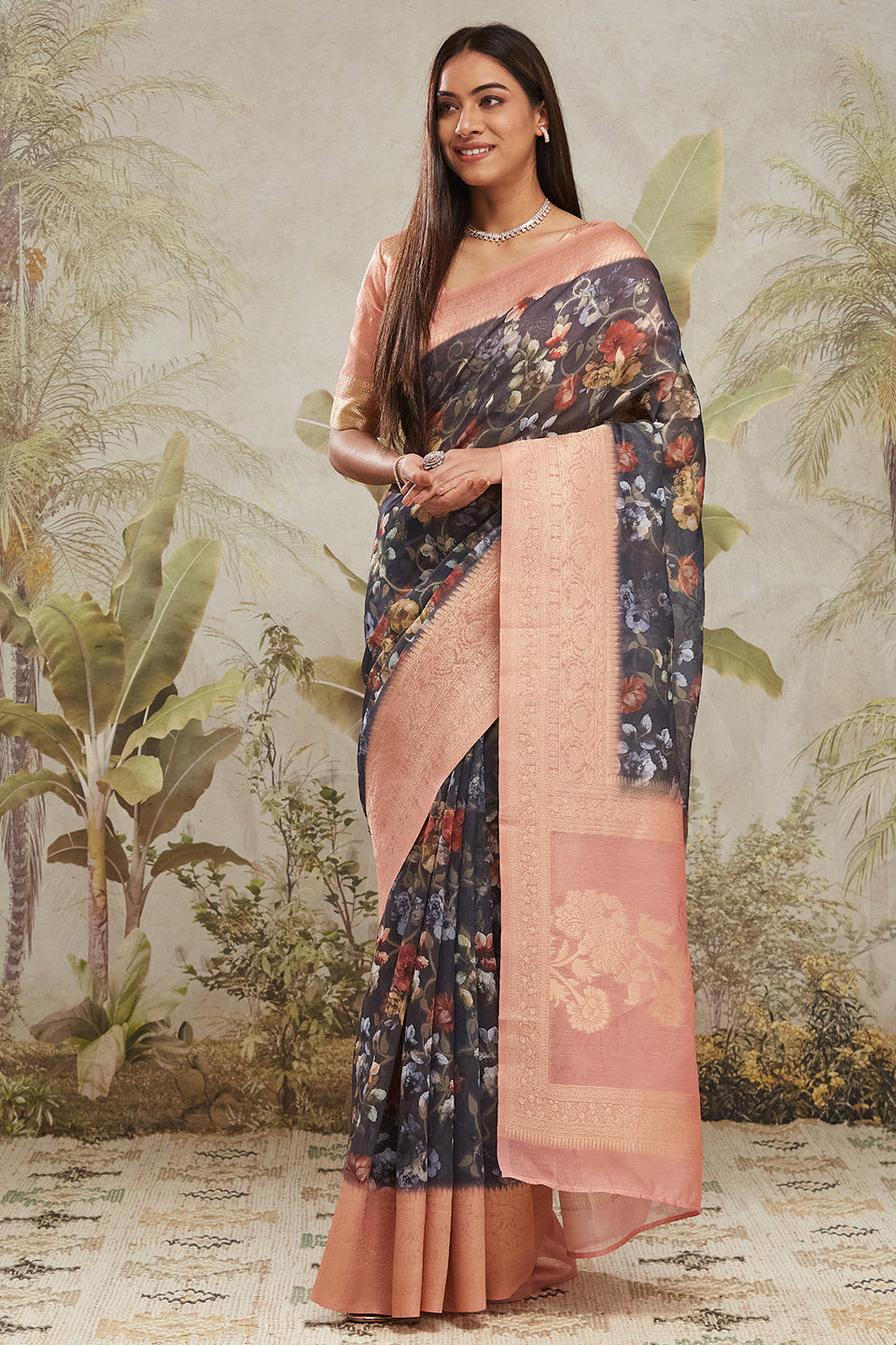 Digital Printed Woven Design Navy Banarasi Silk Saree with Zari Border