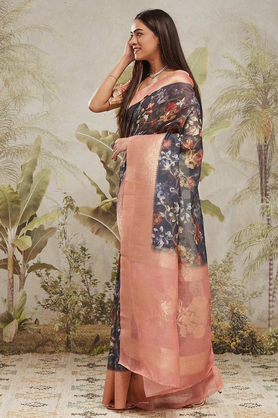 Digital Printed Woven Design Navy Banarasi Silk Saree with Zari Border