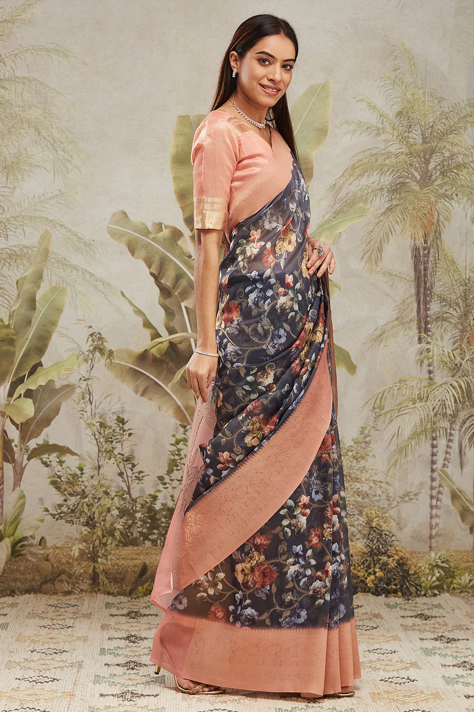 Digital Printed Woven Design Navy Banarasi Silk Saree with Zari Border