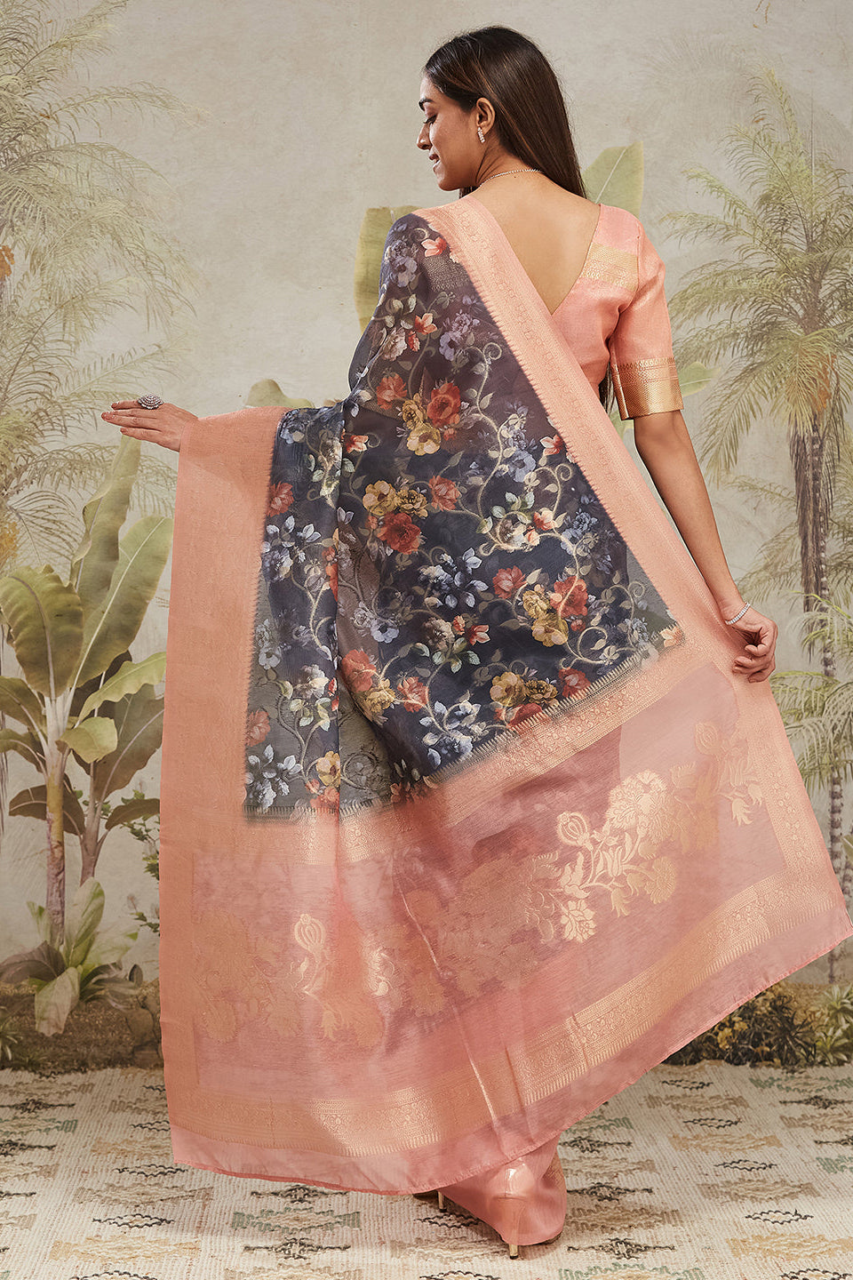 Digital Printed Woven Design Navy Banarasi Silk Saree with Zari Border