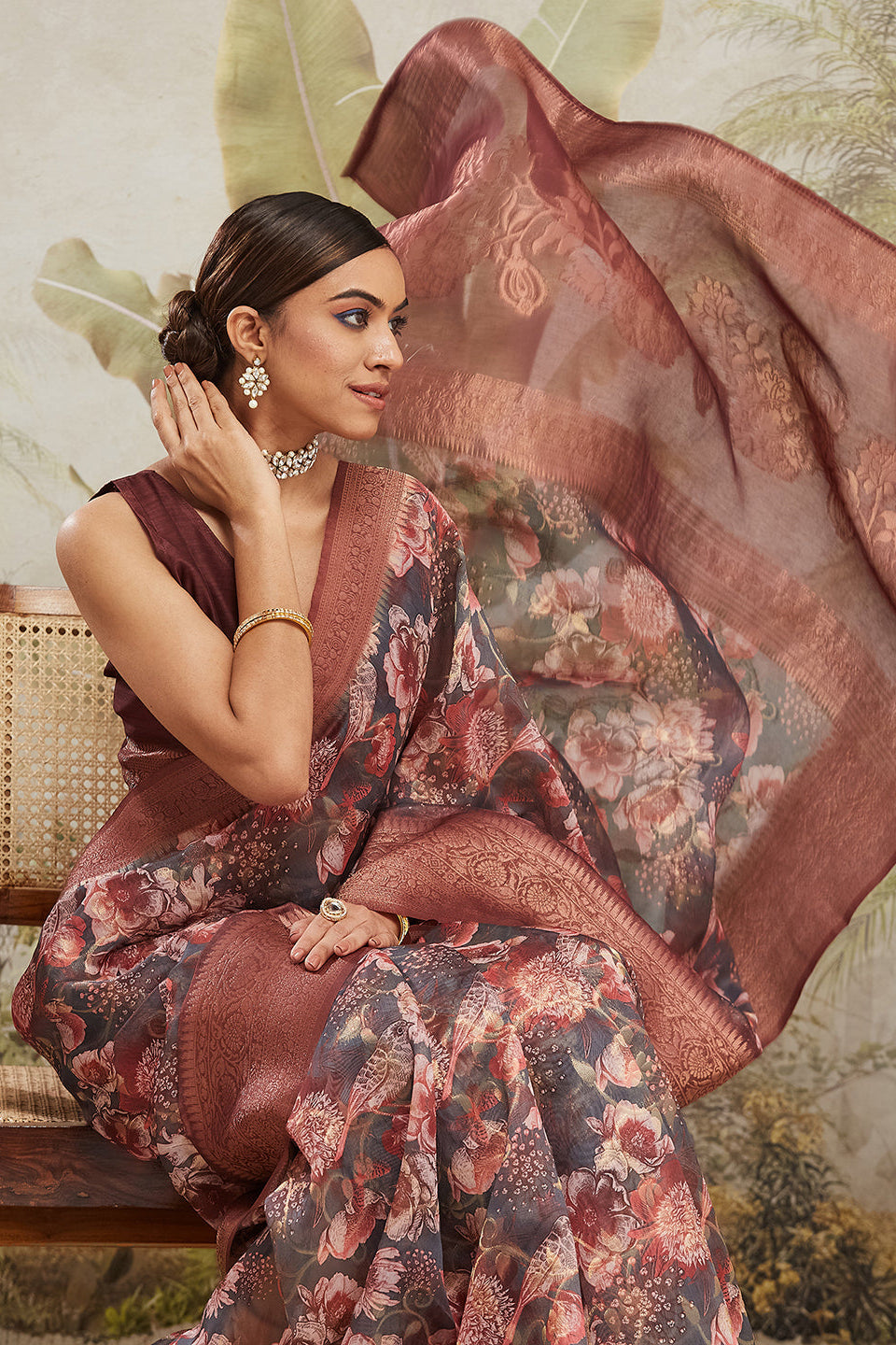 Digital Printed Woven Design Maroon Banarasi Silk Saree with Zari Border