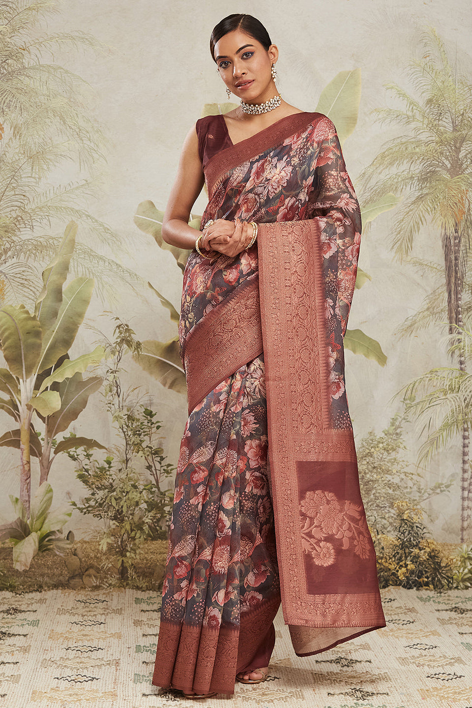 Digital Printed Woven Design Maroon Banarasi Silk Saree with Zari Border