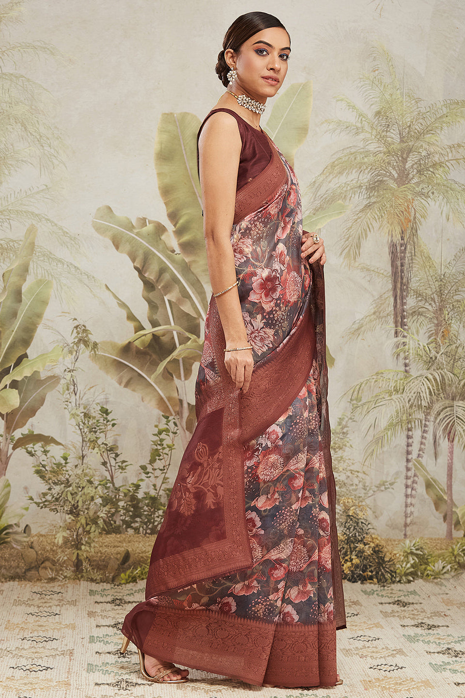 Digital Printed Woven Design Maroon Banarasi Silk Saree with Zari Border