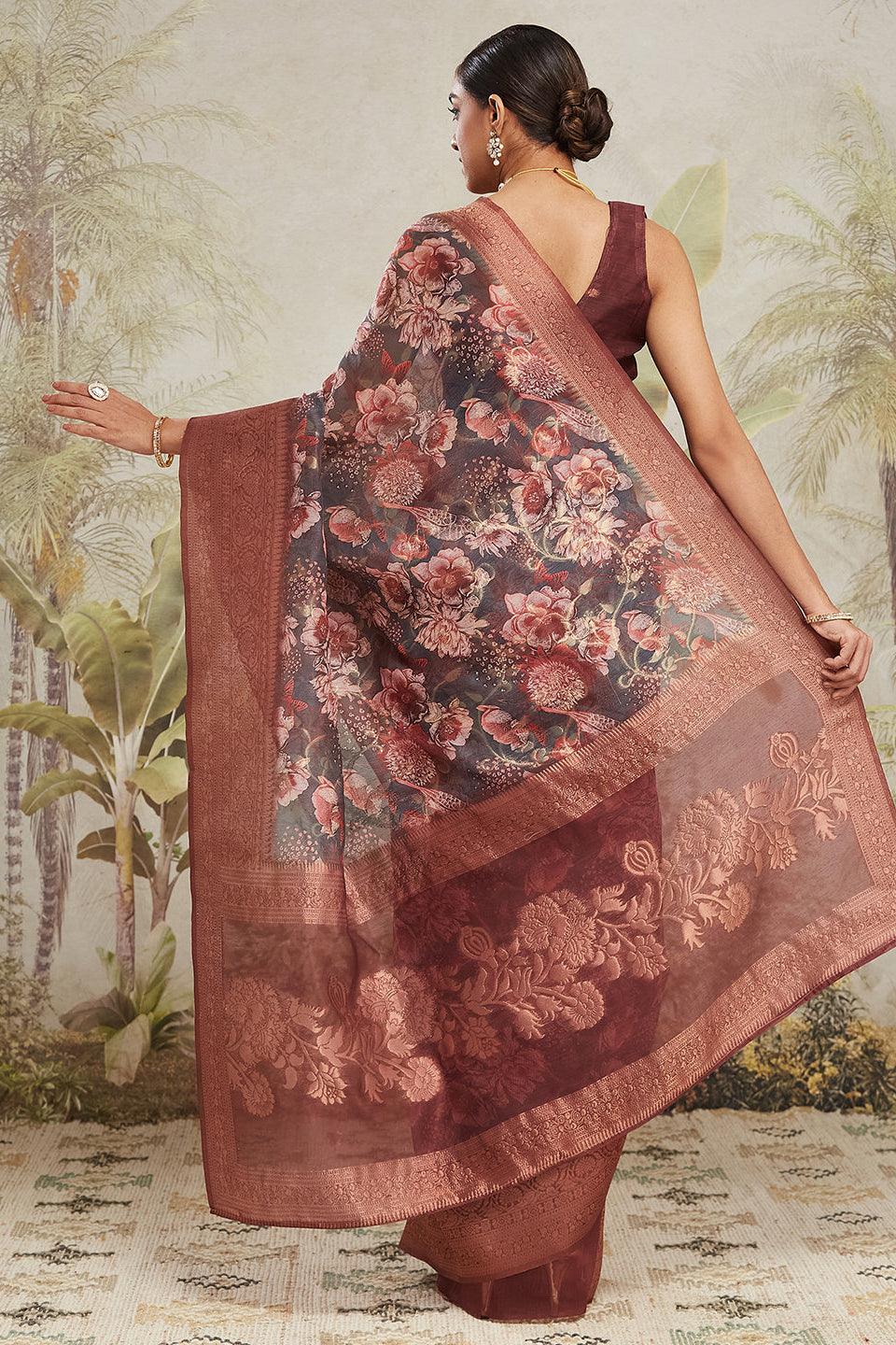 Digital Printed Woven Design Maroon Banarasi Silk Saree with Zari Border