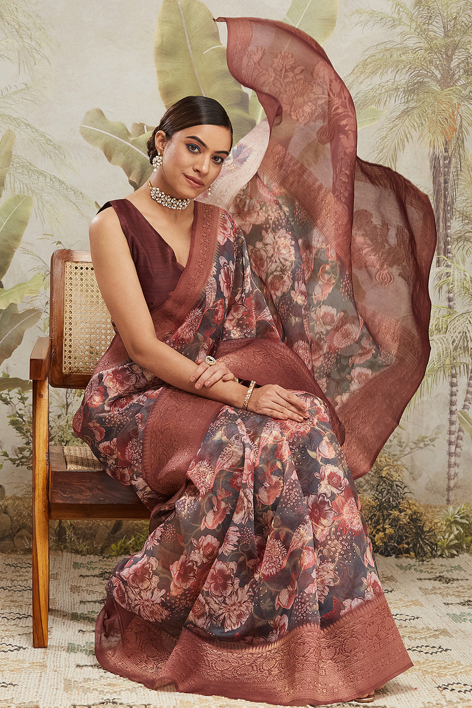 Digital Printed Woven Design Maroon Banarasi Silk Saree with Zari Border