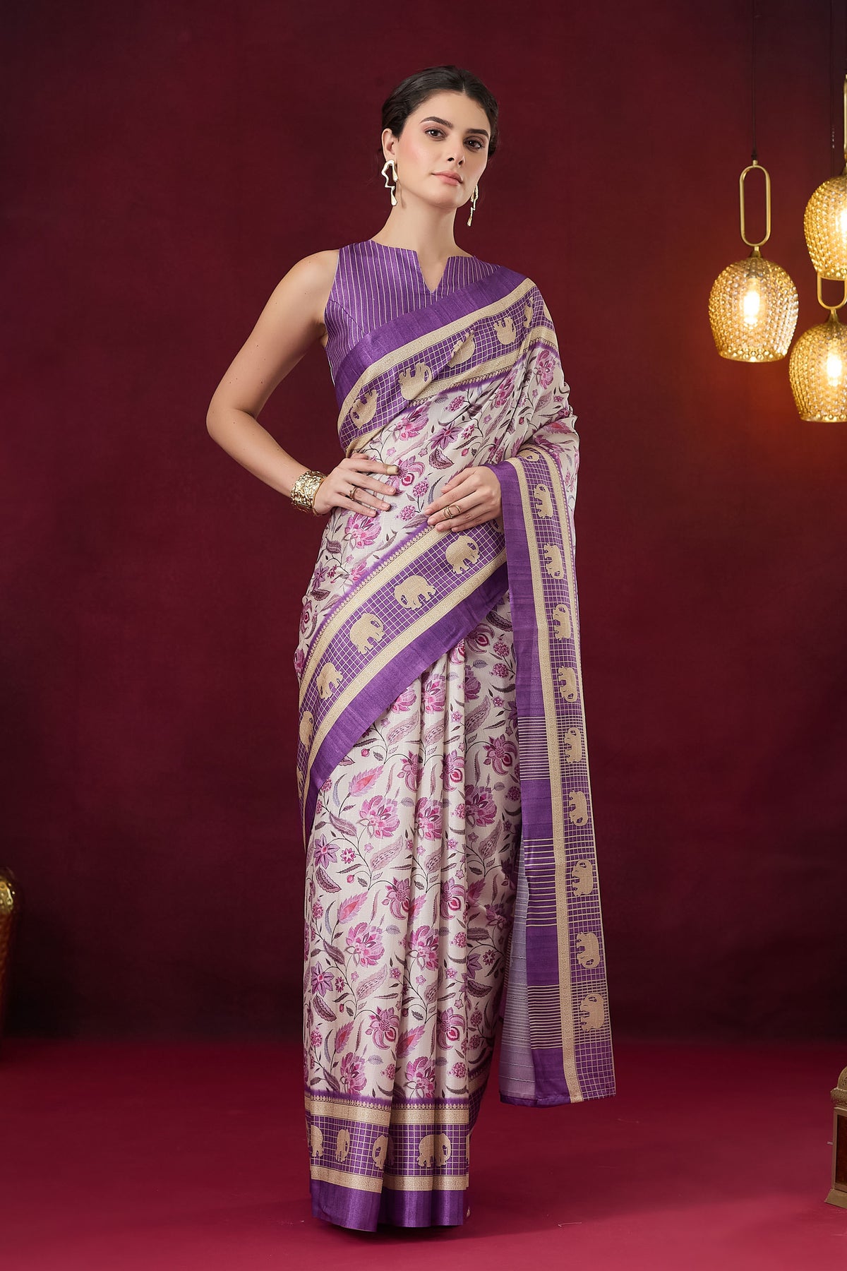 Violet Floral Printed Art Silk Designer Saree