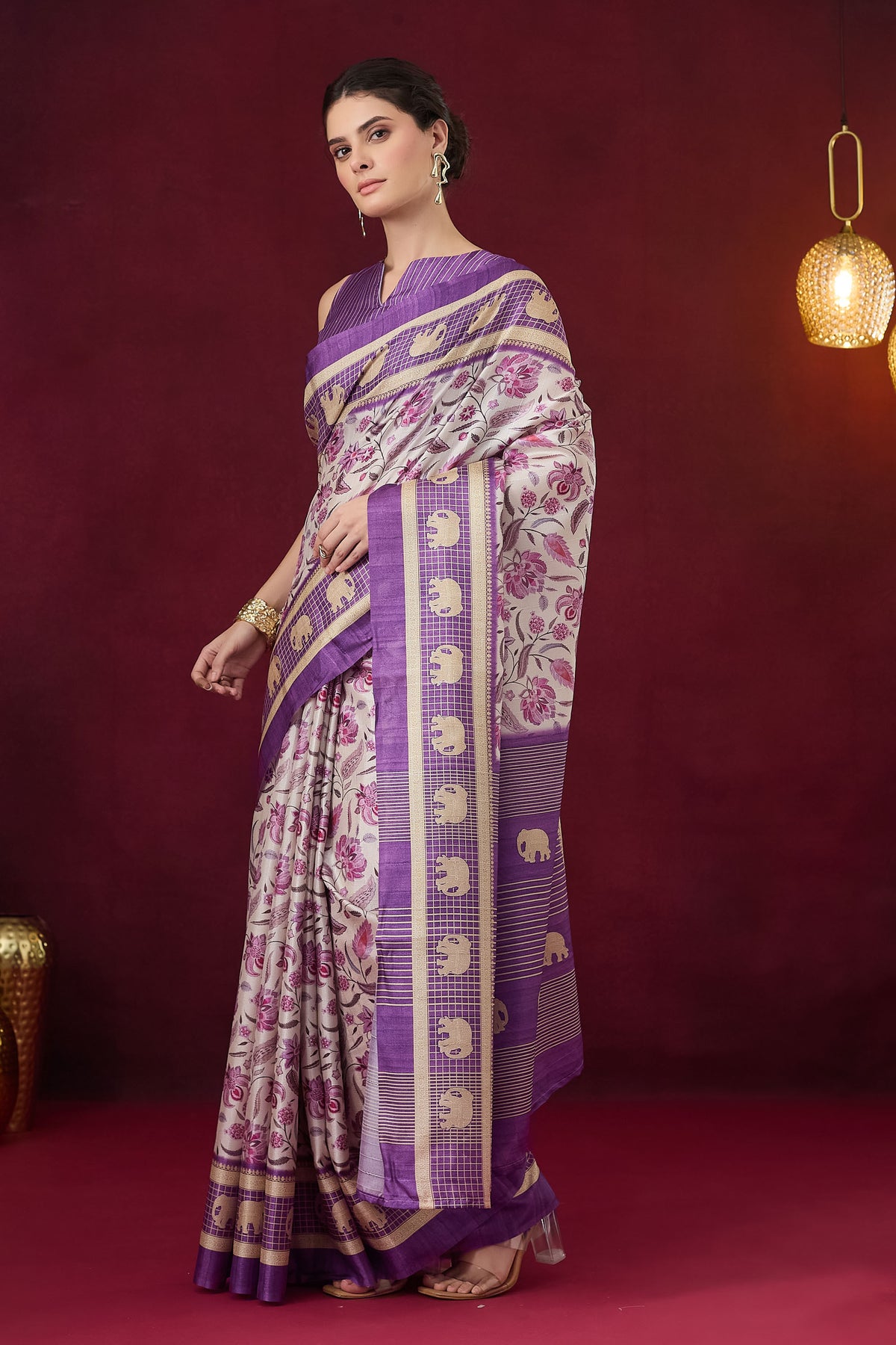Violet Floral Printed Art Silk Designer Saree