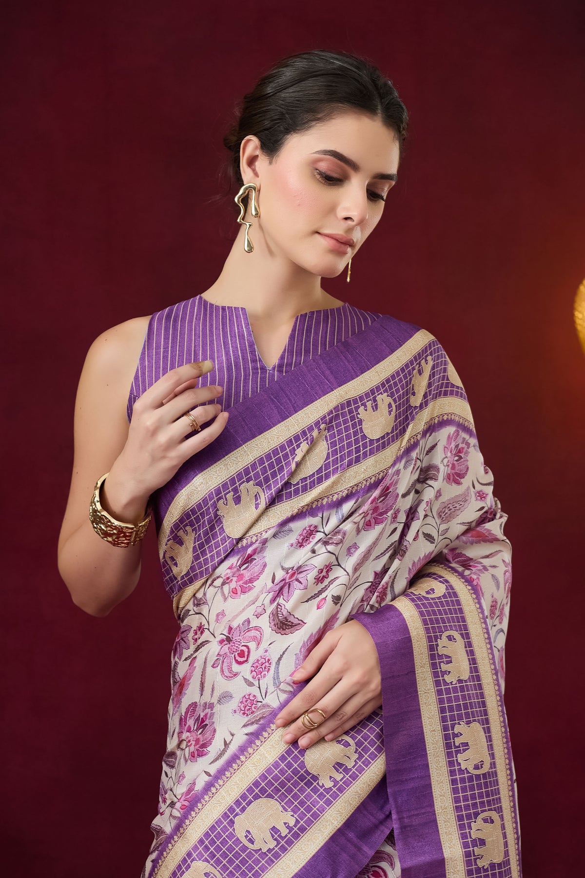 Violet Floral Printed Art Silk Designer Saree