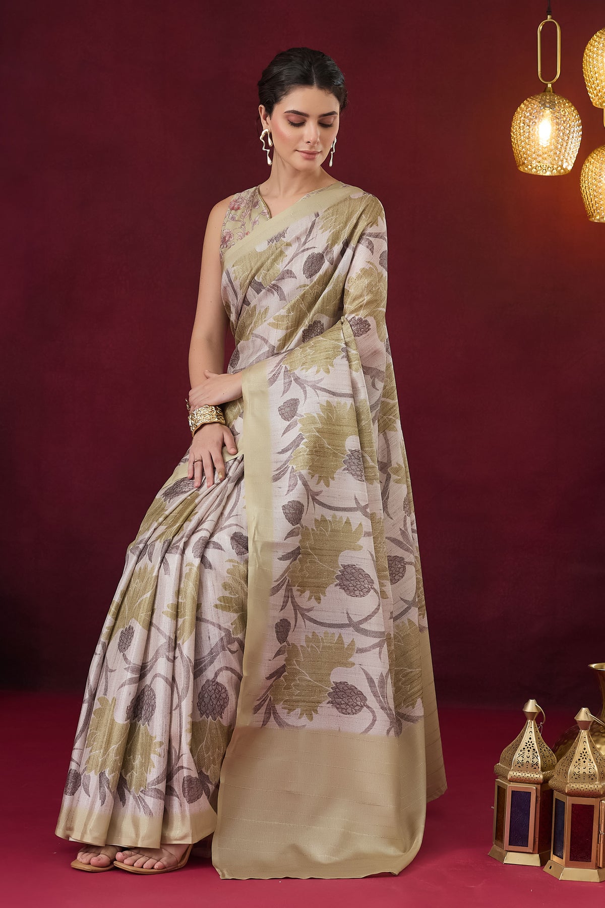 Green Color Floral Printed Art Silk Designer Saree