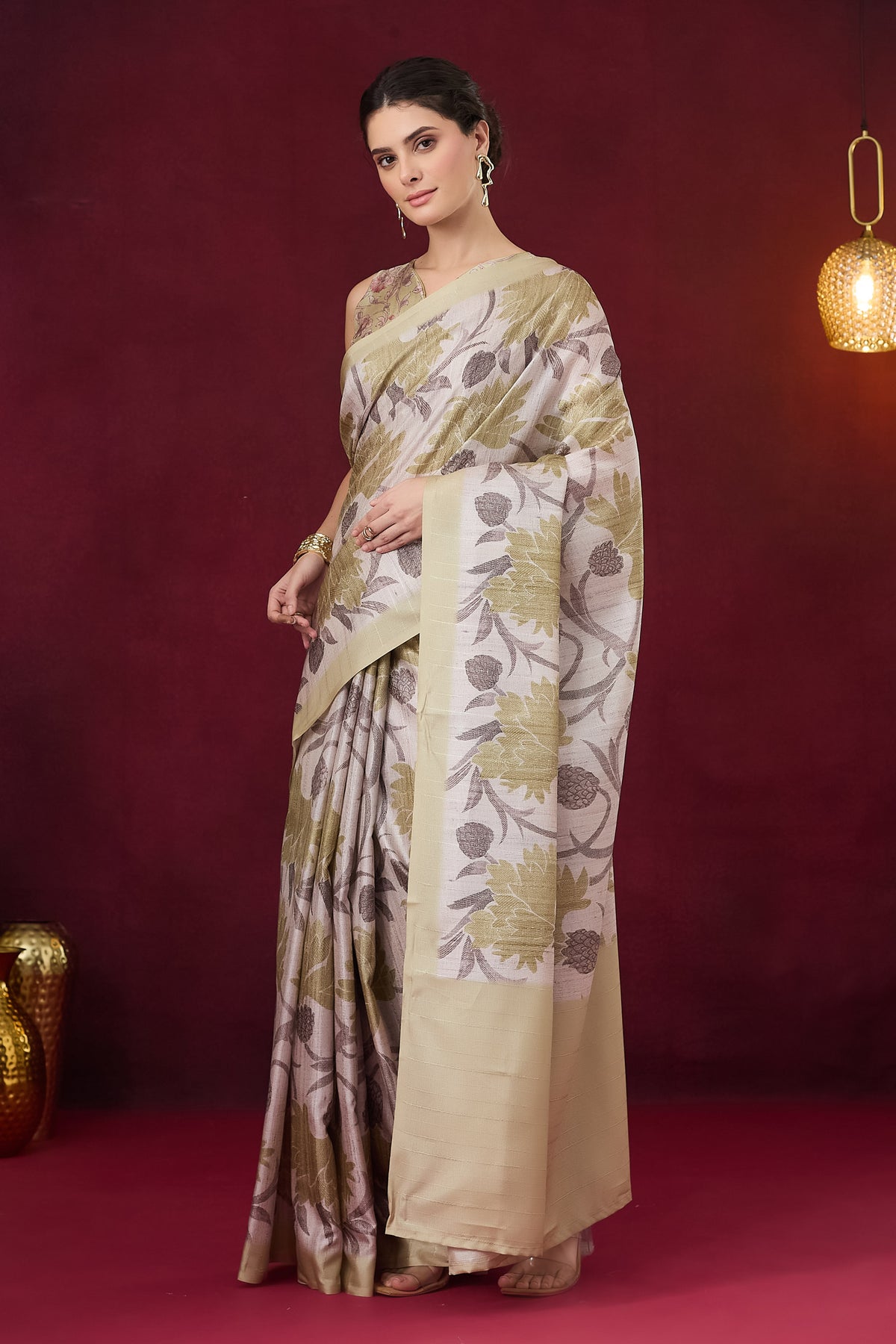 Green Color Floral Printed Art Silk Designer Saree