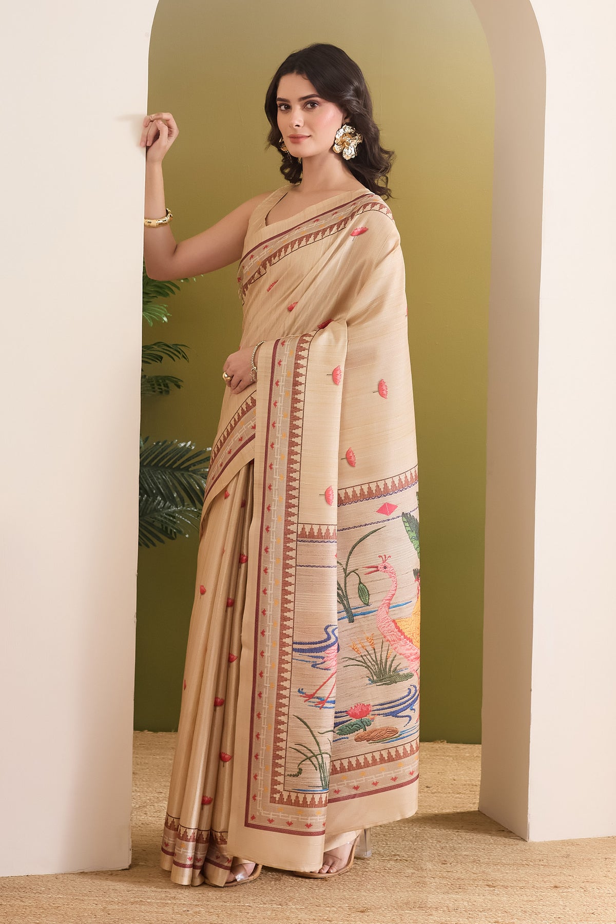 Cream Color Floral Printed Silk Blend Designer Saree