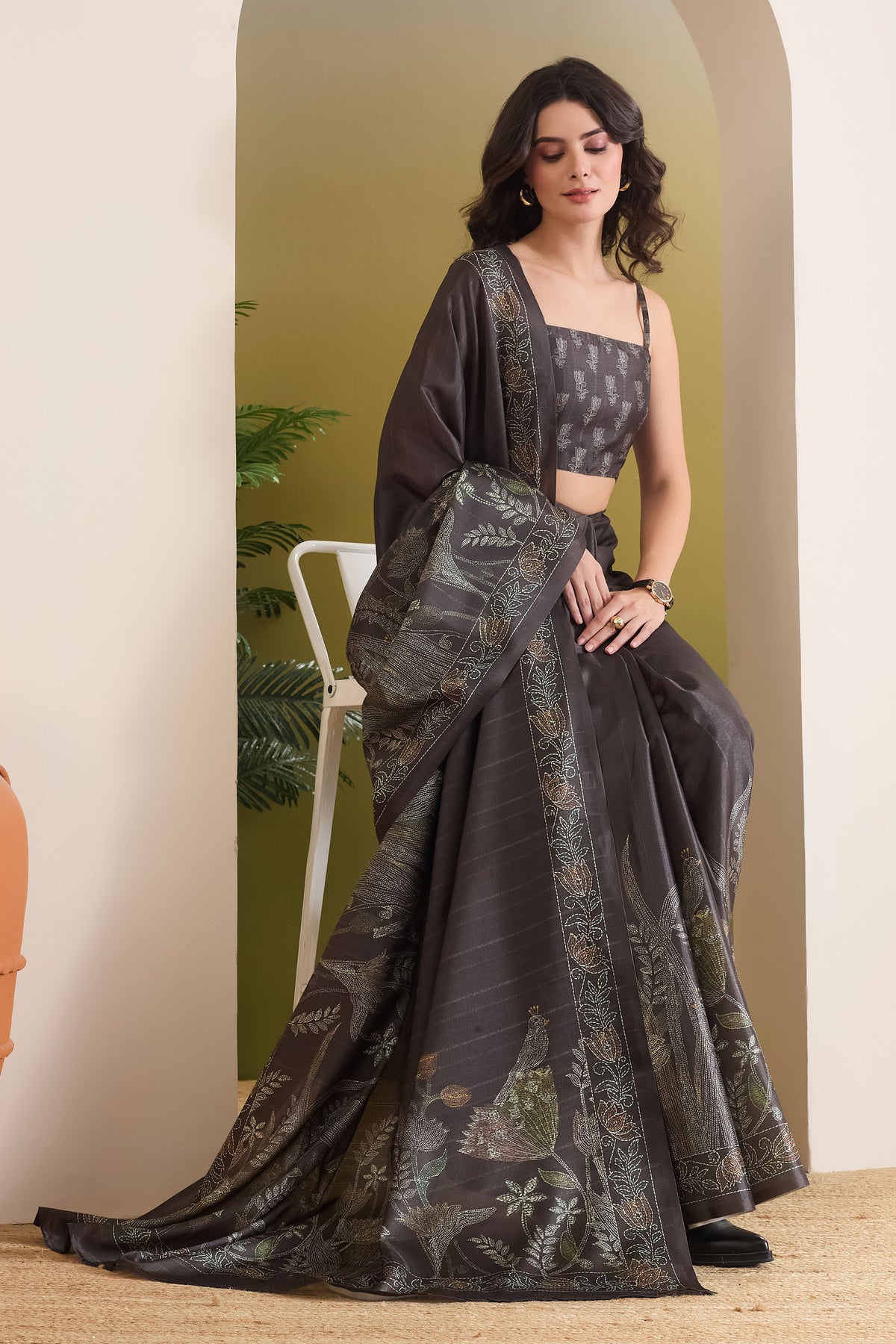 Black Color Floral Printed Art Silk Designer Saree