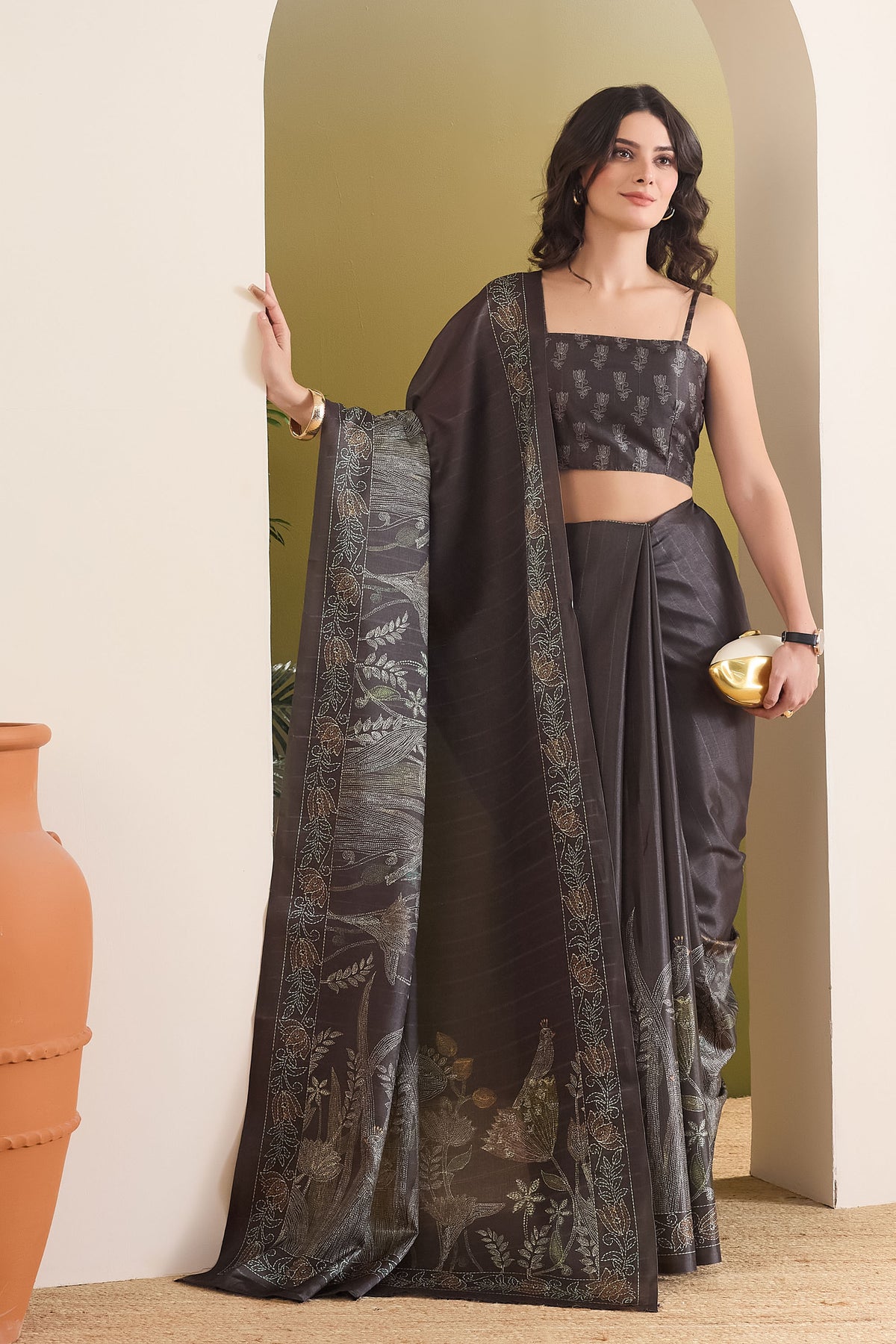 Black Color Floral Printed Art Silk Designer Saree