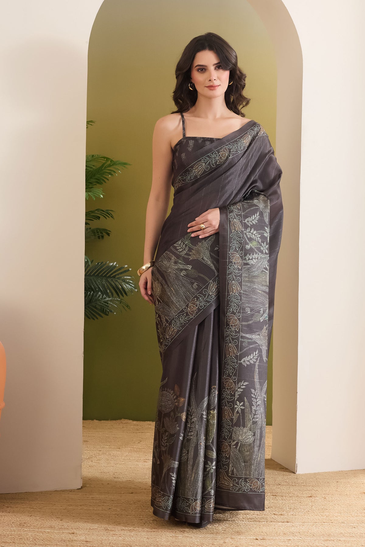 Black Color Floral Printed Art Silk Designer Saree