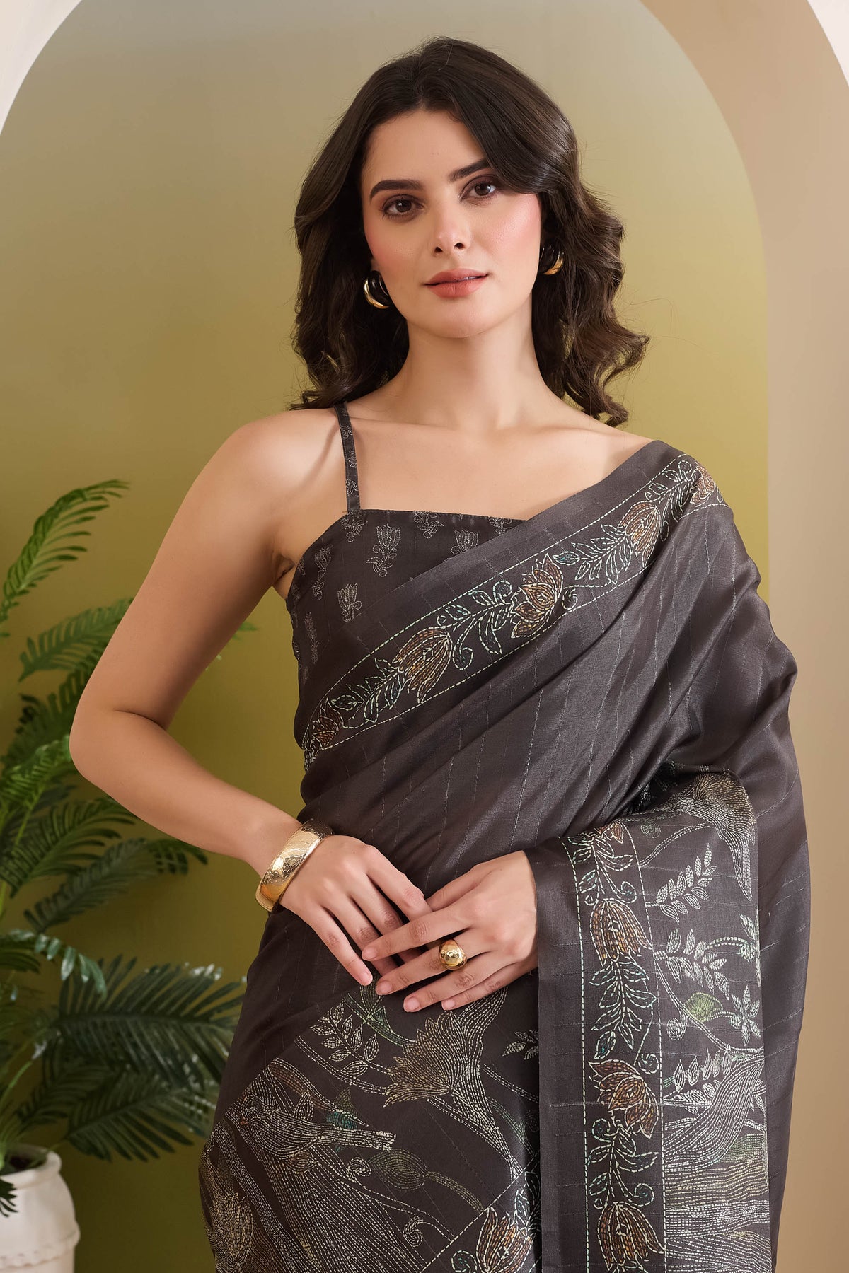 Black Color Floral Printed Art Silk Designer Saree