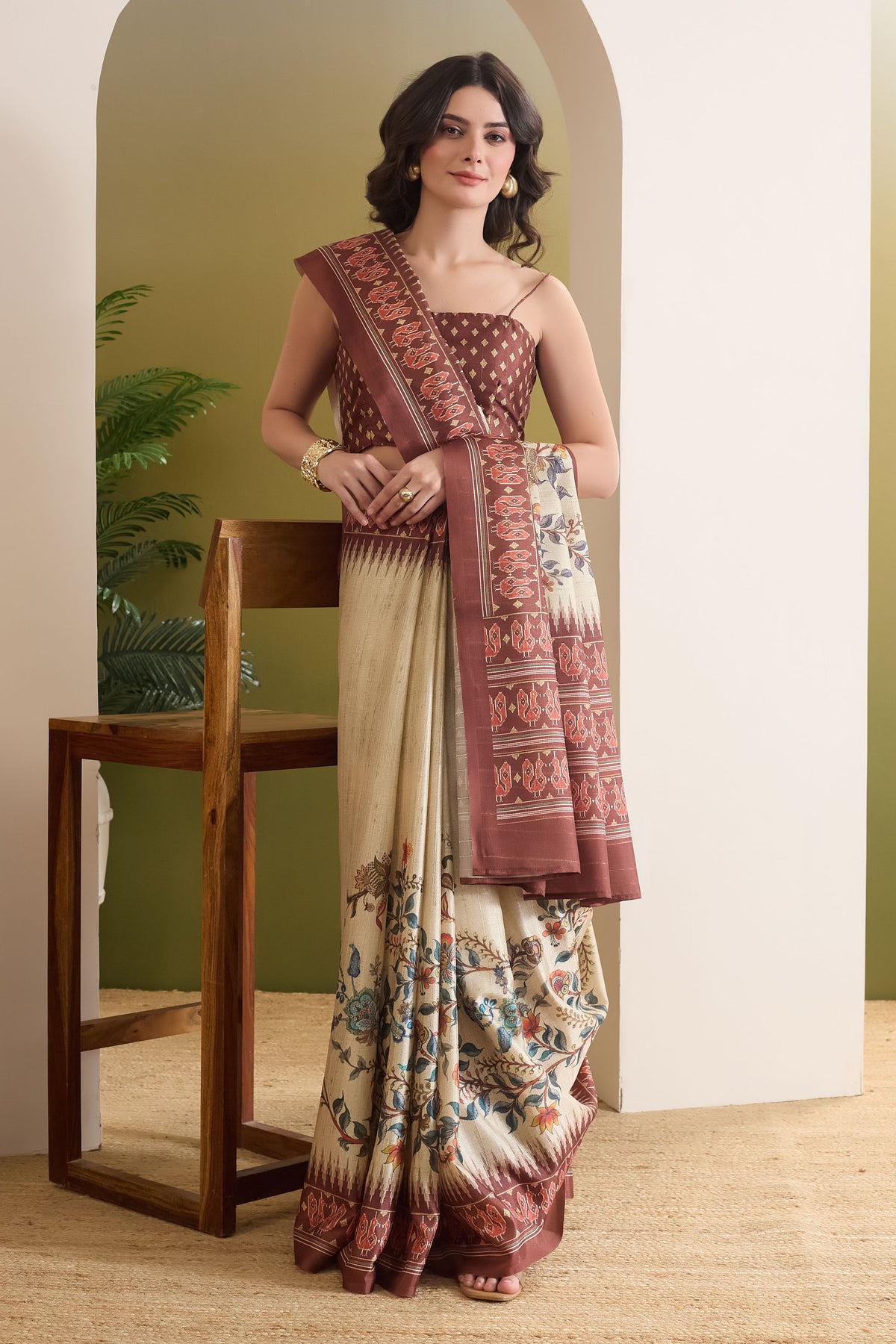 Cream Floral Printed Silk Blend Party Wear Saree