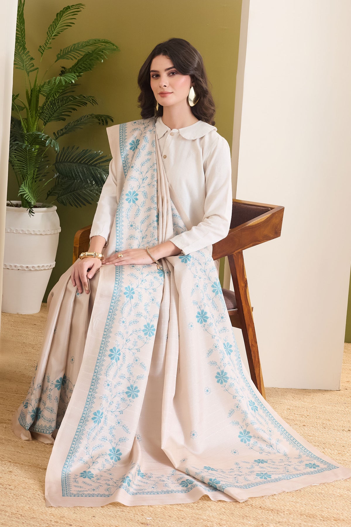 Beige Floral Printed Silk Blend Party Wear Saree
