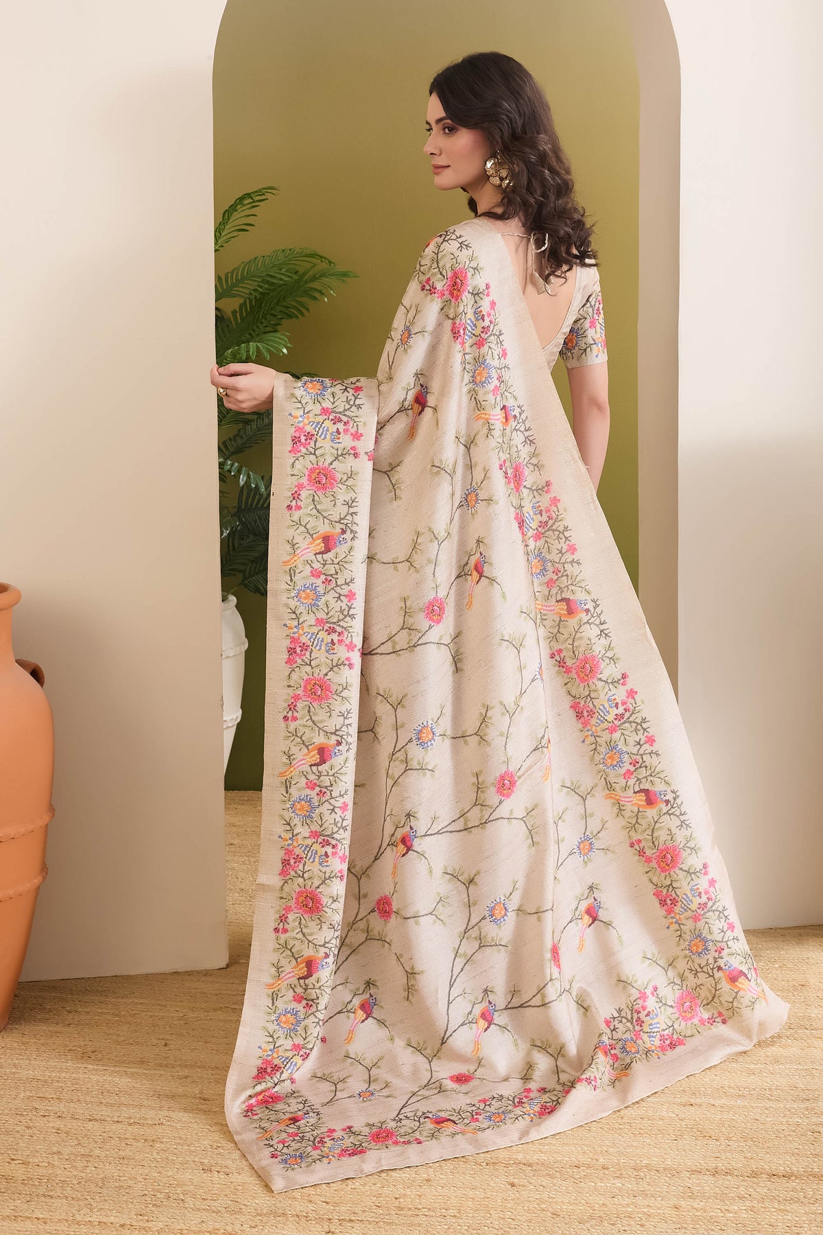 Cream Floral Printed Silk Blend Designer Saree