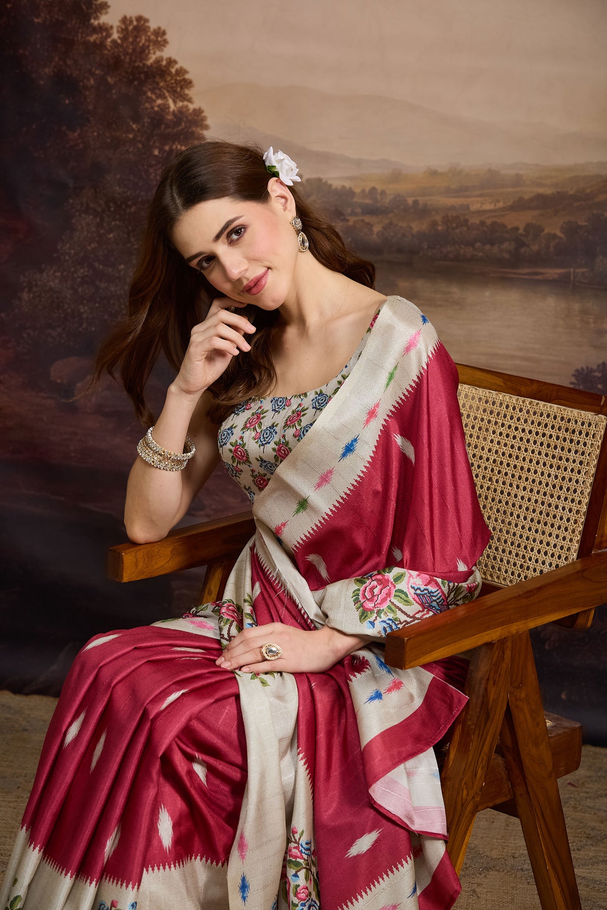 Red Abstract Printed Silk Blend Designer Saree