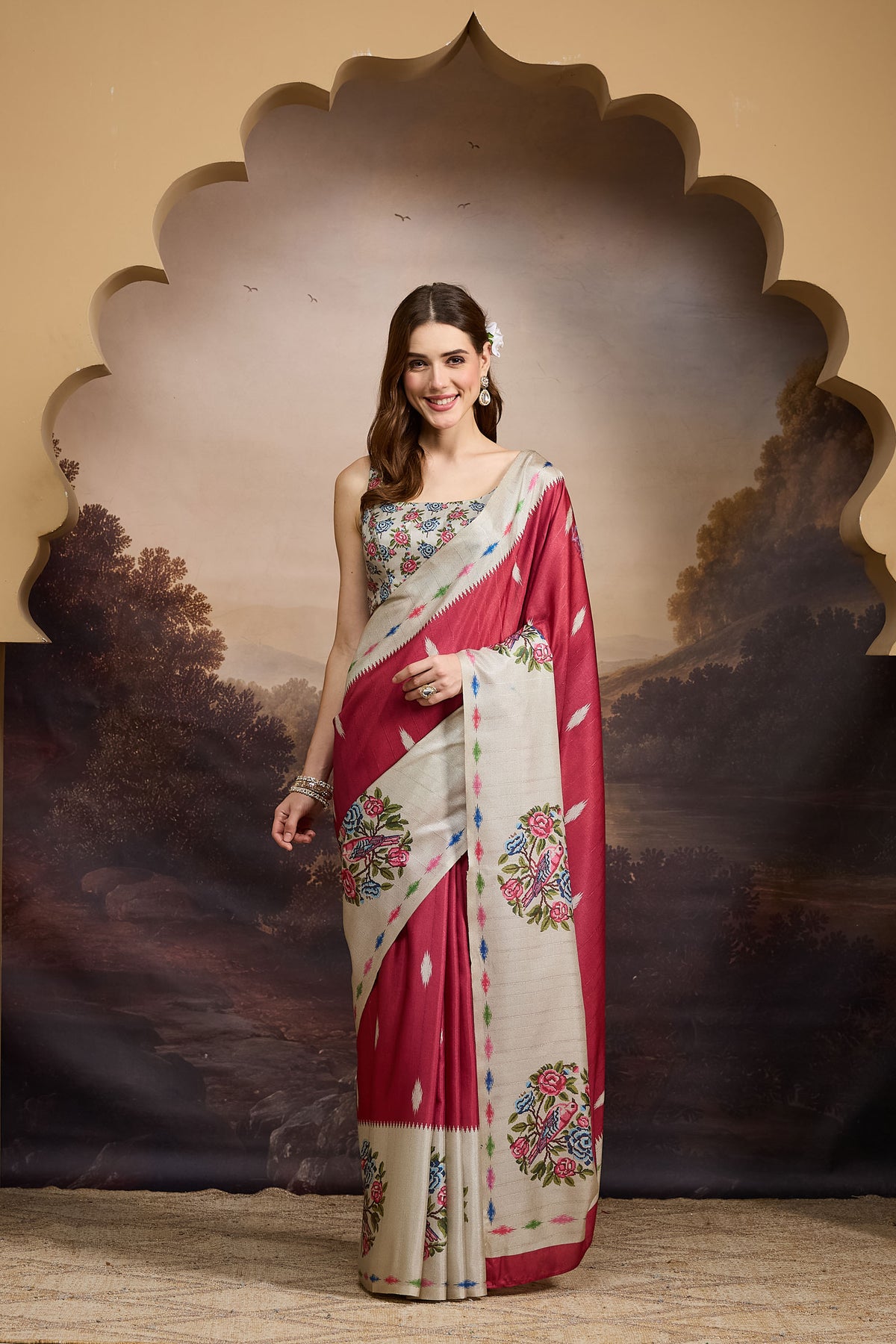 Red Abstract Printed Silk Blend Designer Saree