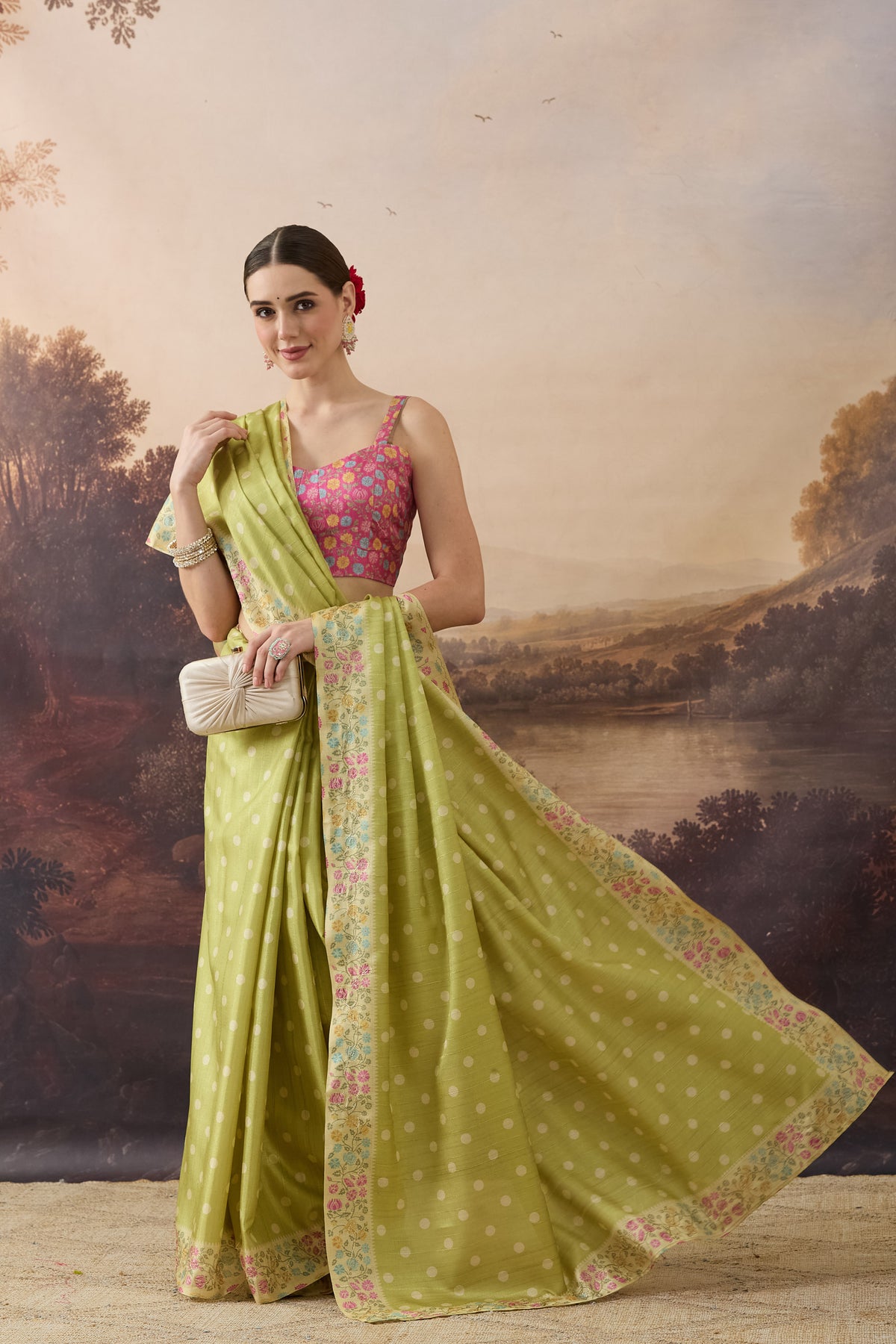 Lime Green Polka Dot Embroidered Art Silk Ready to Wear Saree