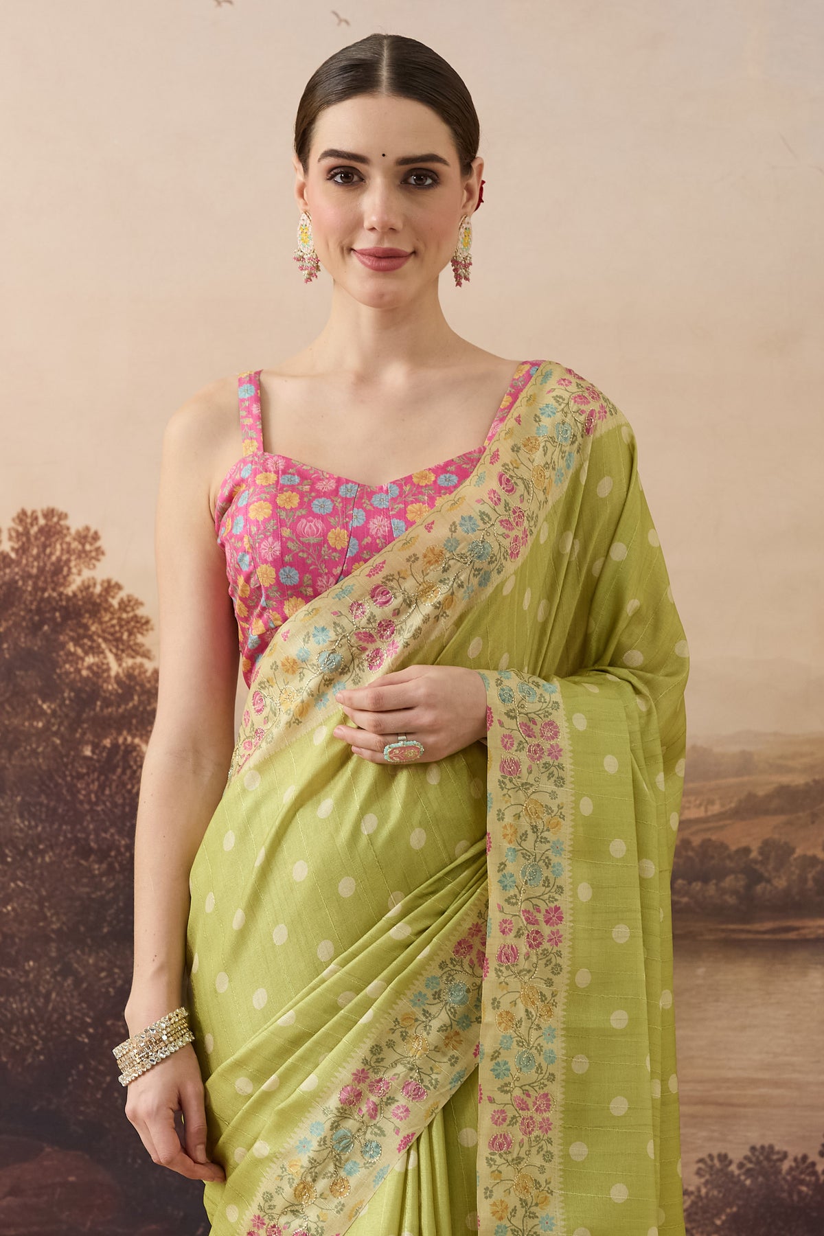 Lime Green Polka Dot Embroidered Art Silk Ready to Wear Saree
