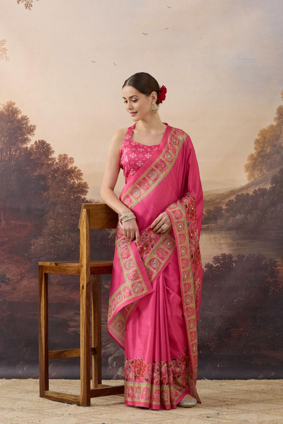 Red Floral Embroidered Art Silk Ready to Wear Saree
