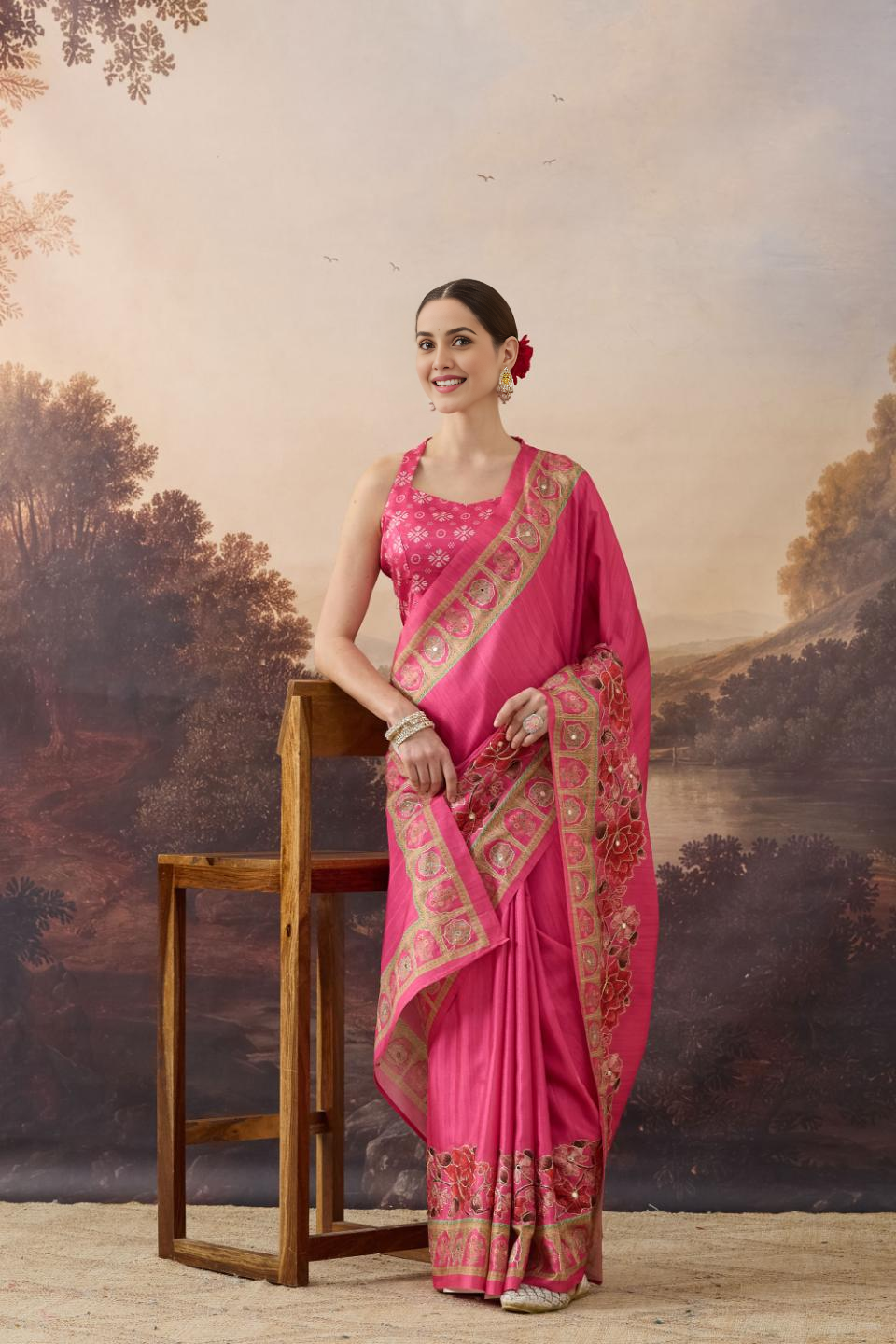 Red Floral Embroidered Art Silk Ready to Wear Saree