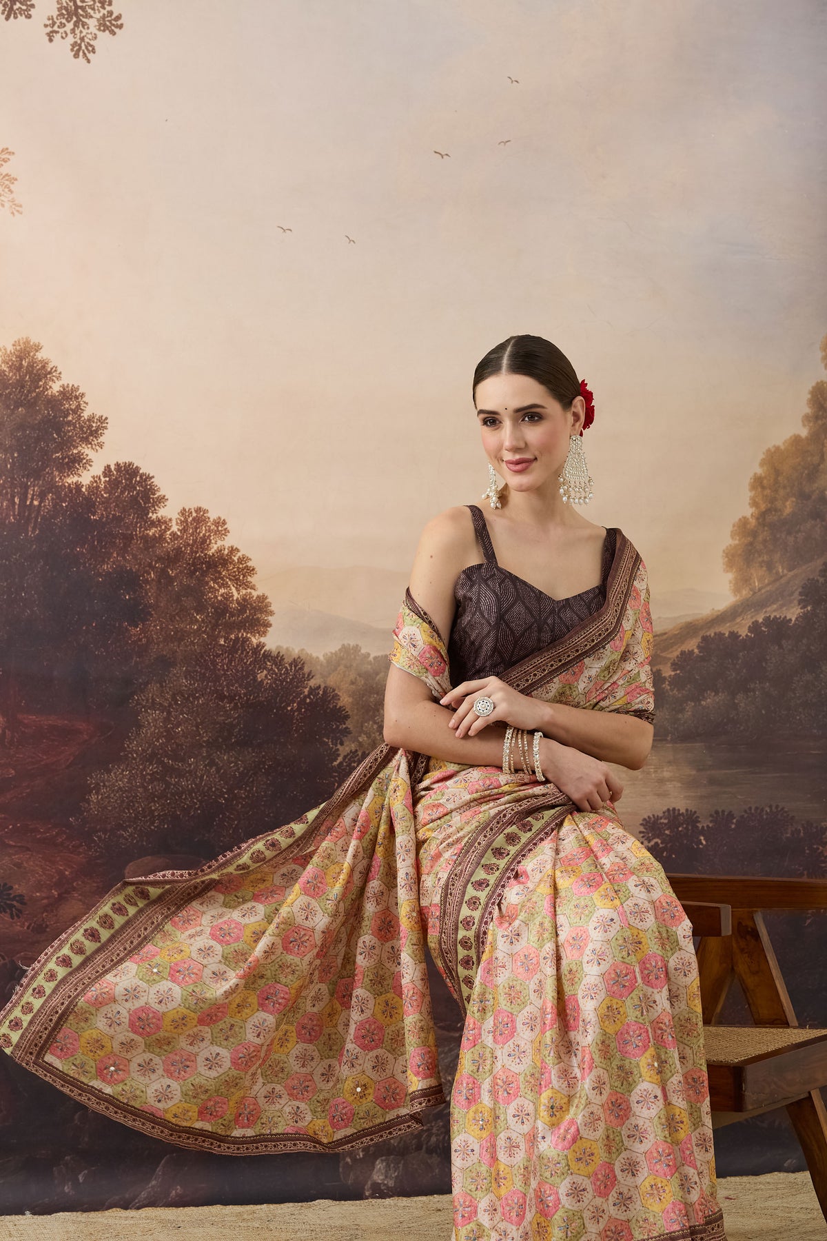 Cream Floral Embroidered Art Silk Ready to Wear Saree