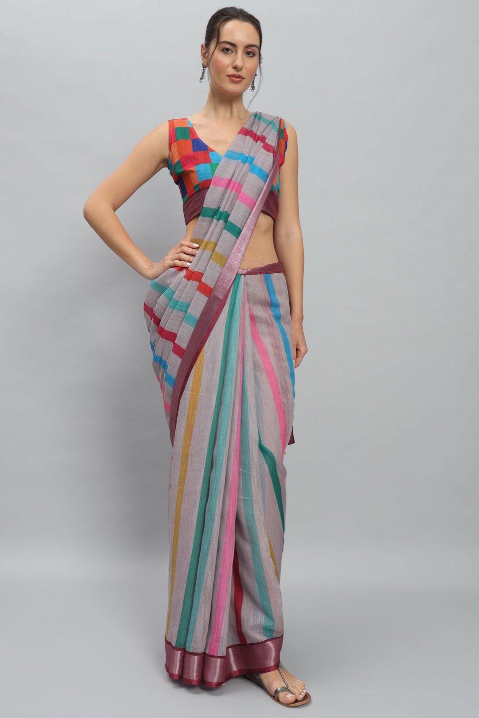 DIGITAL PRITNED MURAL PRINTS STRIPED READY TO WEAR  SAREE