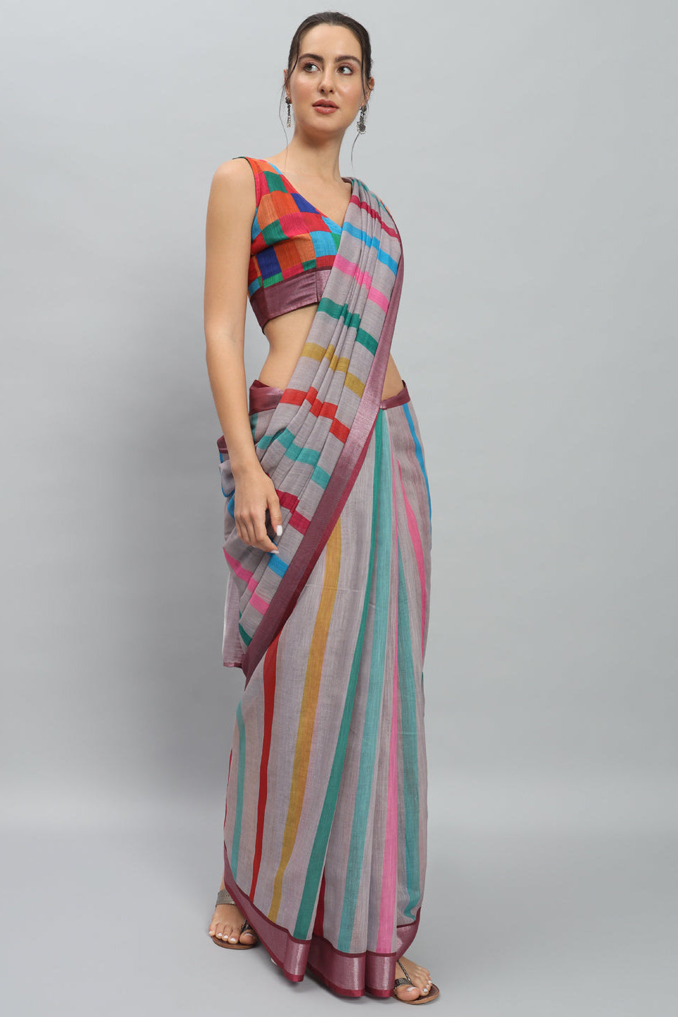 DIGITAL PRITNED MURAL PRINTS STRIPED READY TO WEAR  SAREE