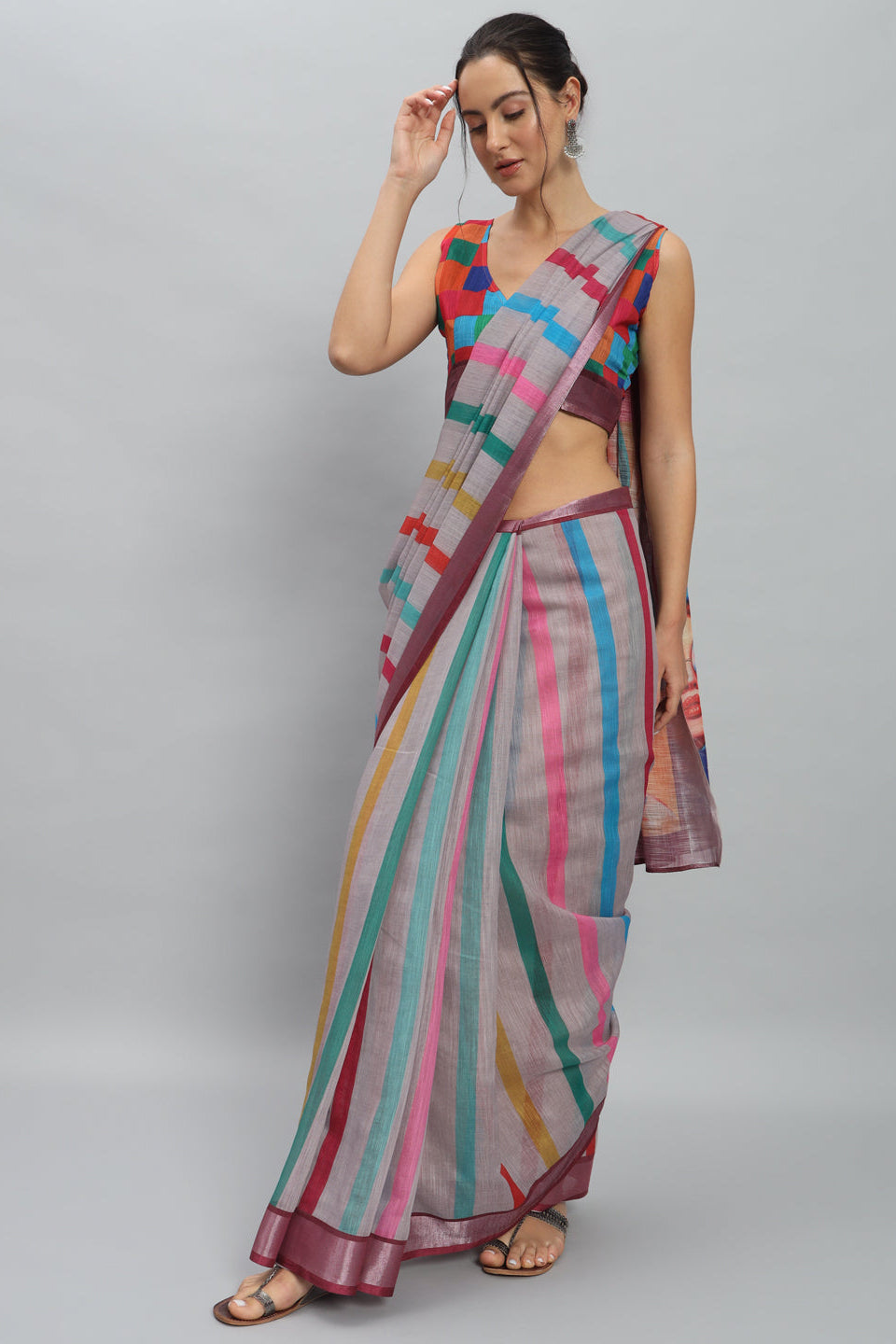 DIGITAL PRITNED MURAL PRINTS STRIPED SAREE